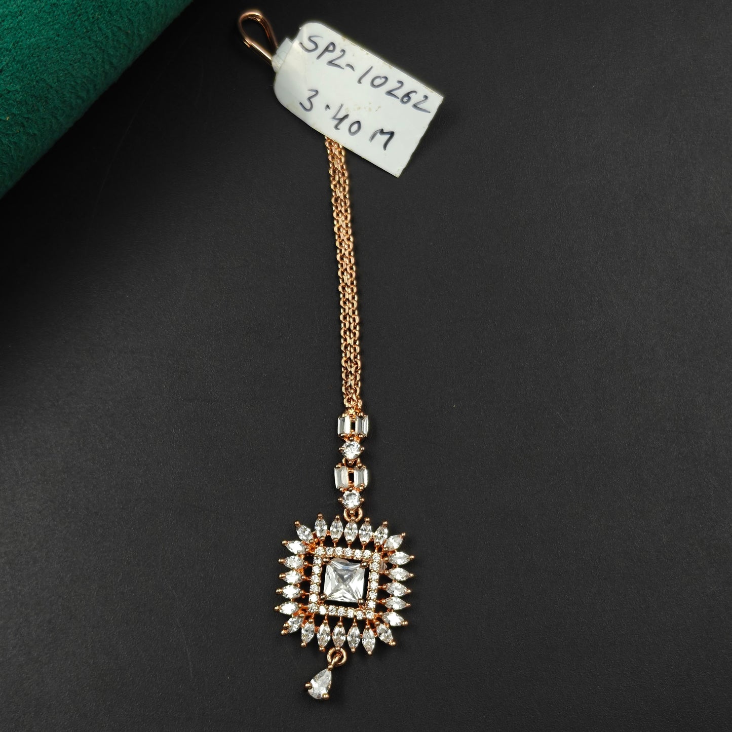 10262 Square design rose gold maangtikka with white CZ crystals