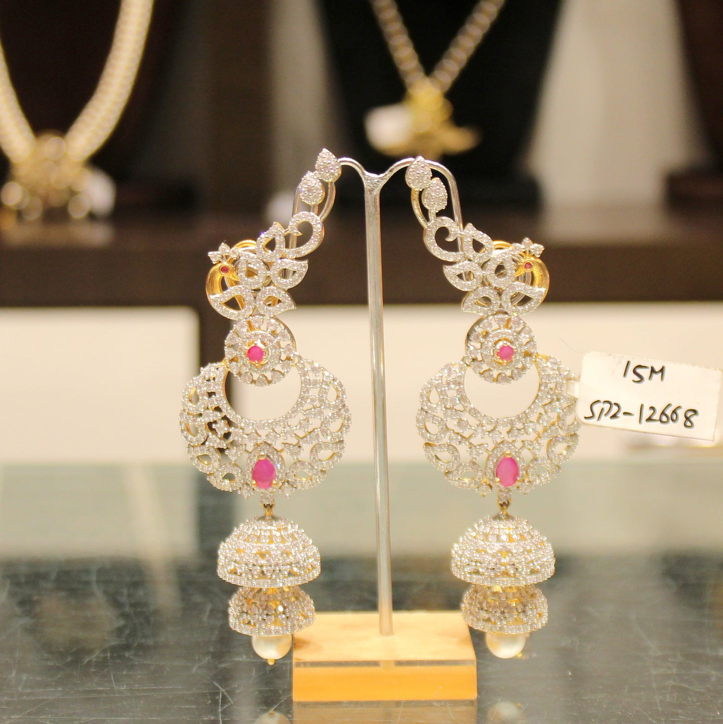 12668 Diamond look big size ruby stone jhumki