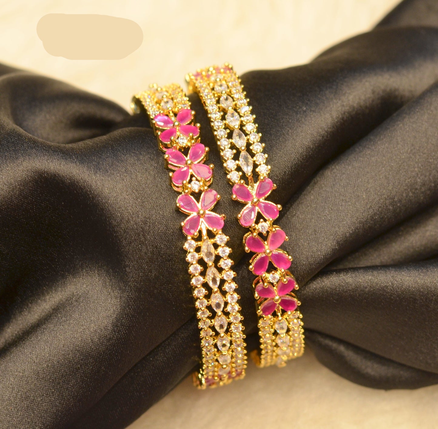 gold polish red flower bangles