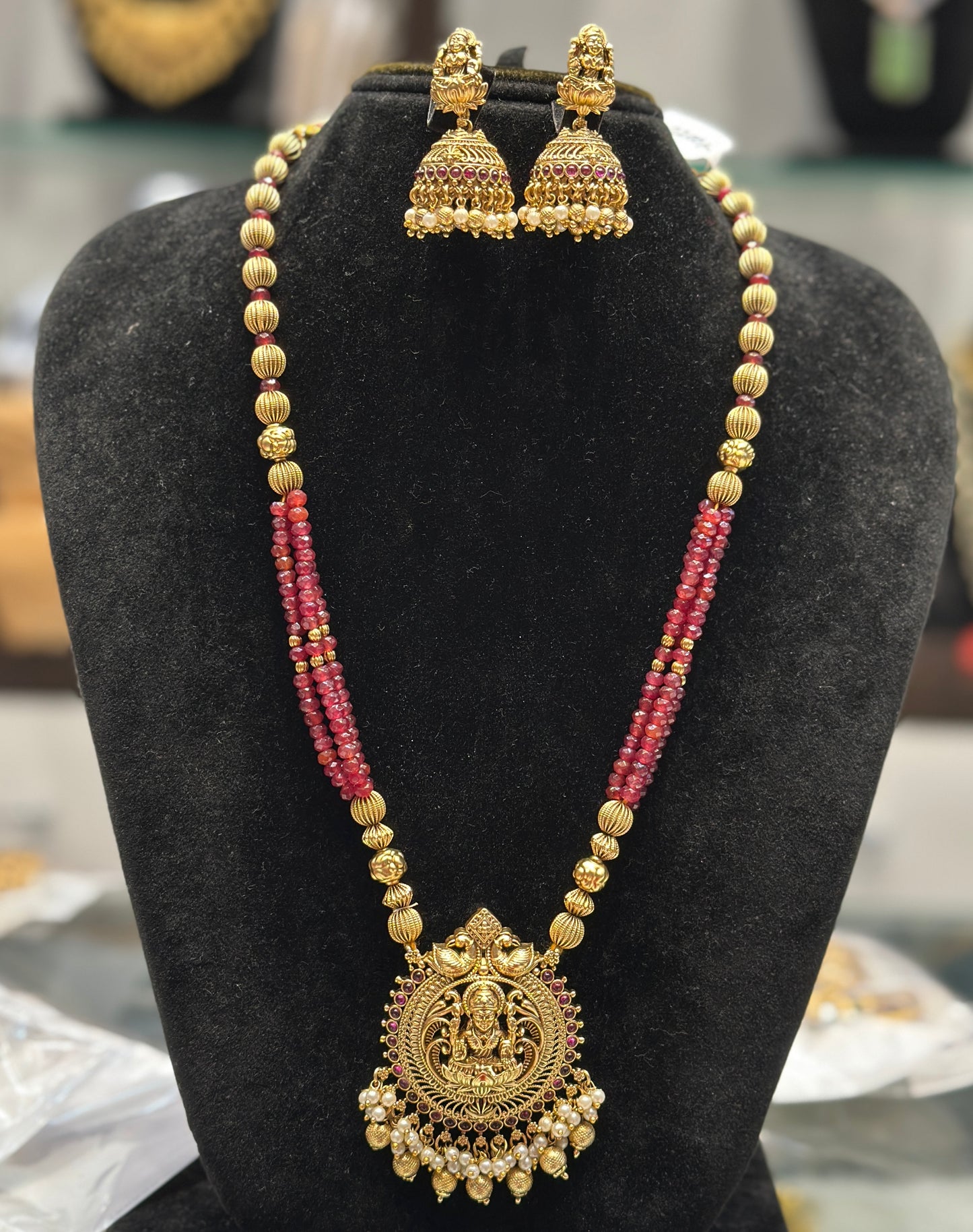 37984 red onex beads mala with jhumki