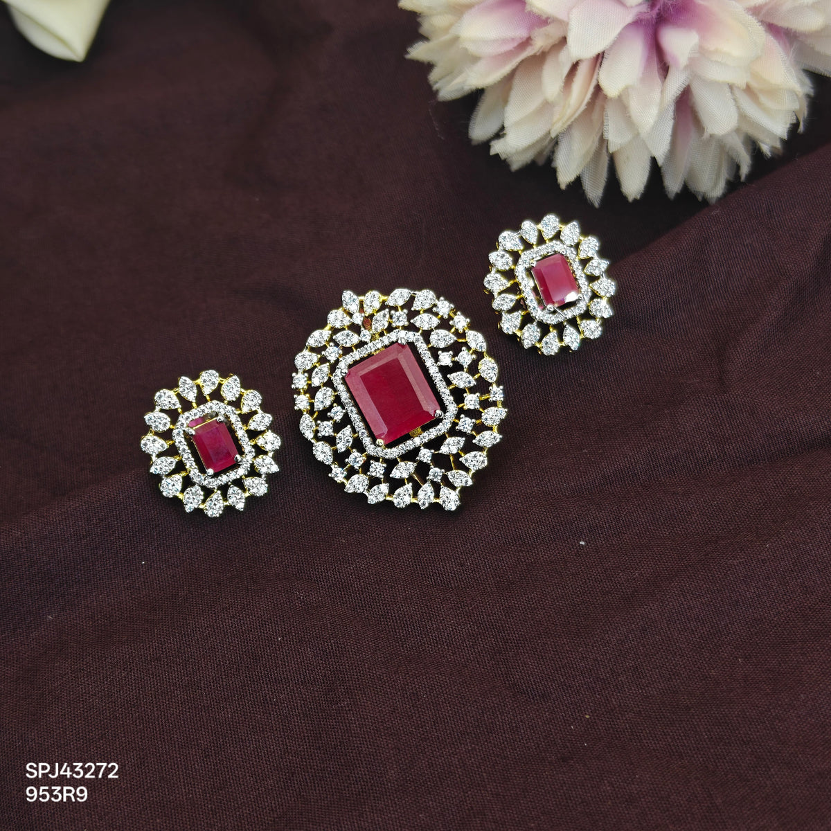 43272 GJ Diamond look premium Ruby stone pendant set with push back Earrings