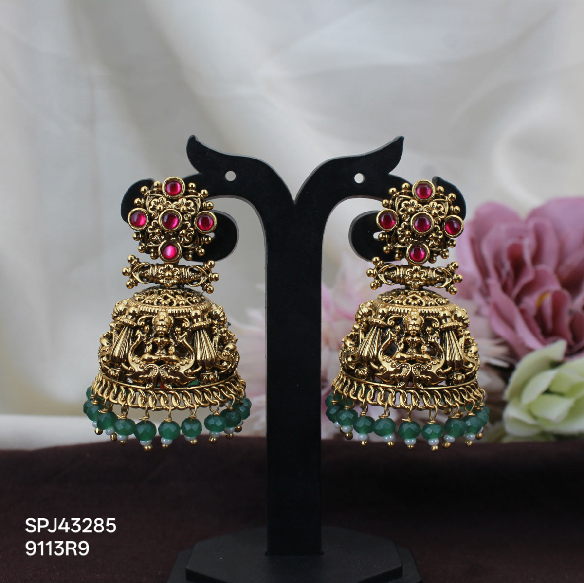 43285 Nakshi jadau kundan flower pattern jhumki with push back