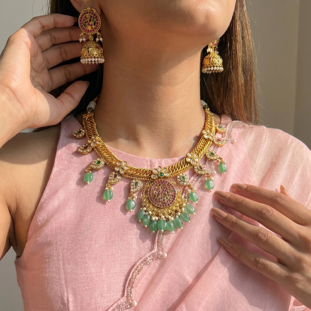 Mango & Peacock Jalebi Necklace Set with Jhumkas SP-40208