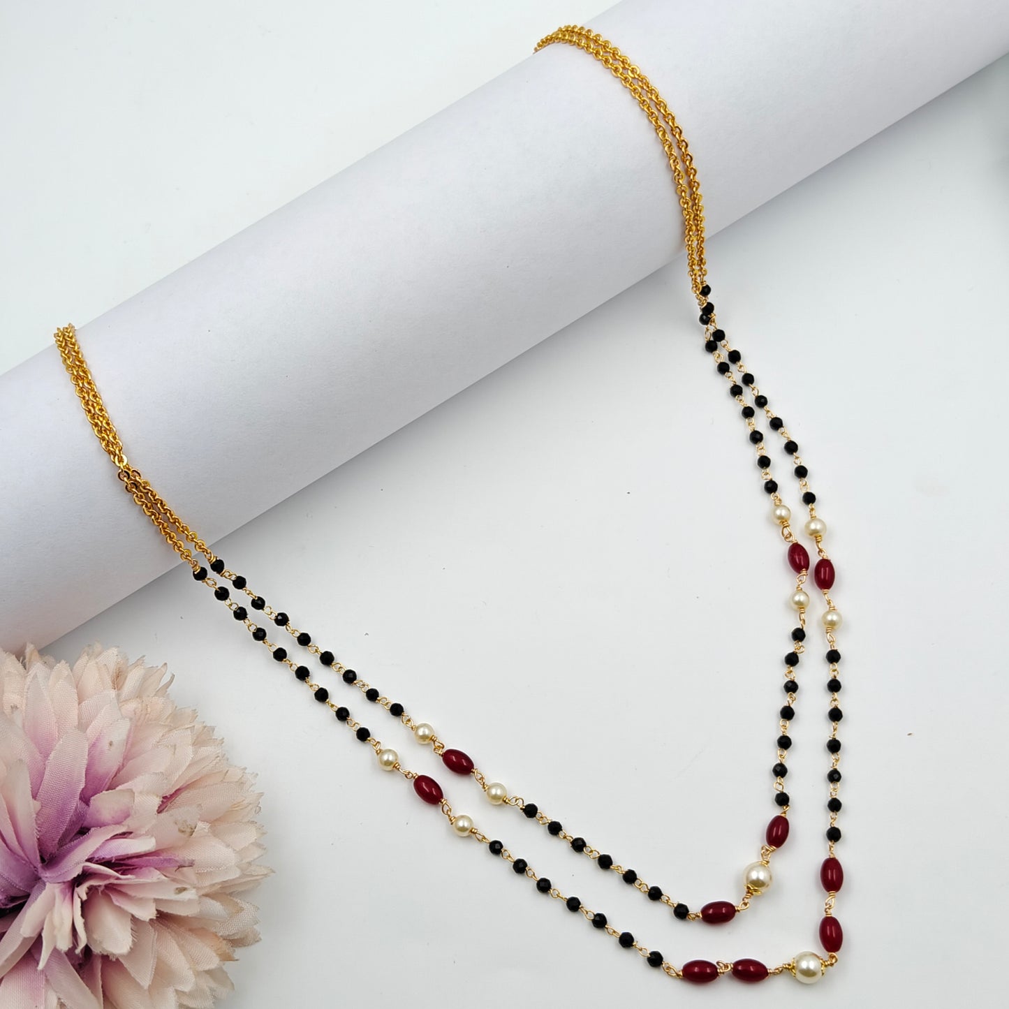40431 2 line gold replica black beads with red monalisa beads