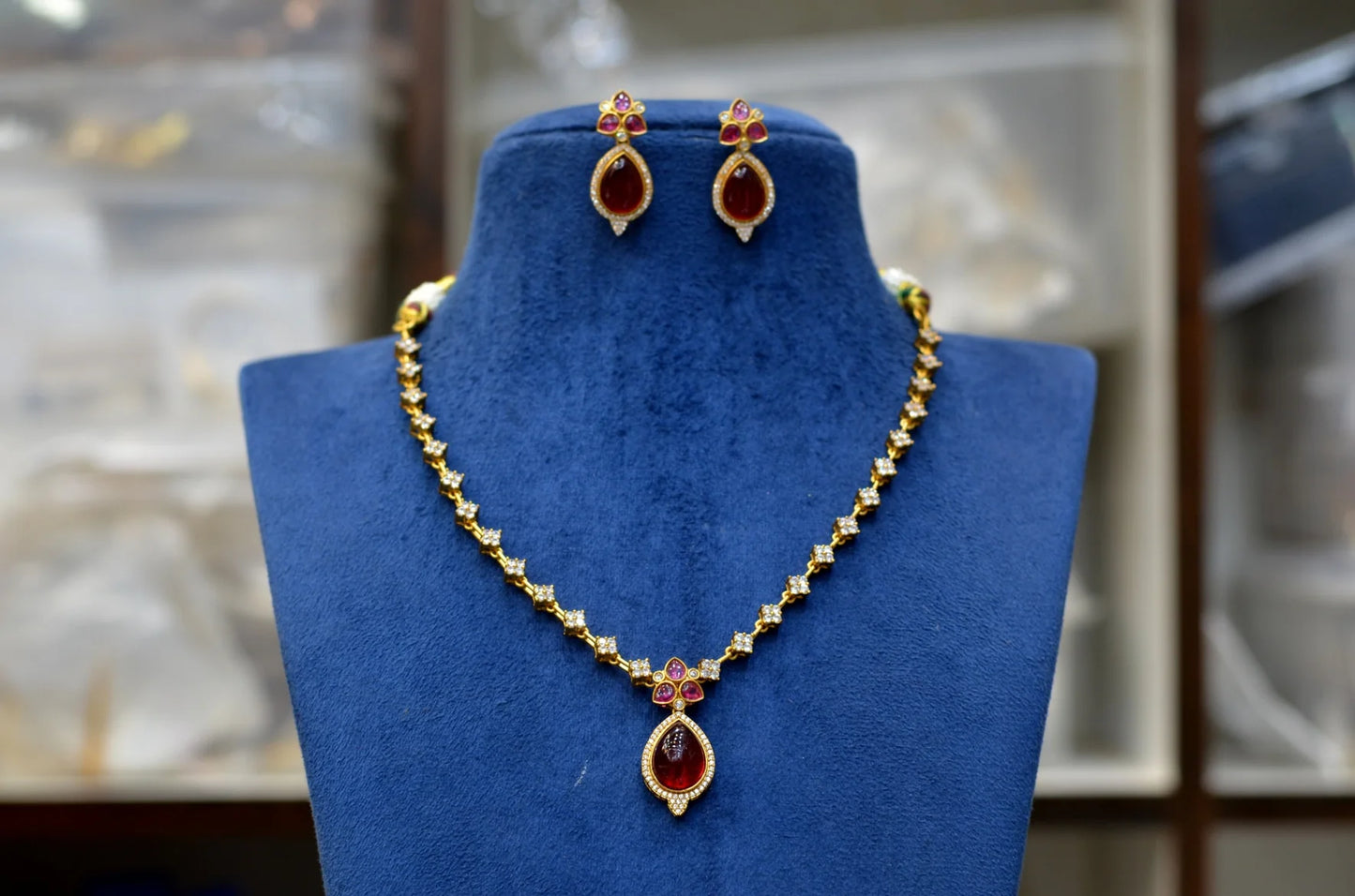 Victorian simple short necklace with Duplet ruby stone and pushback earrings