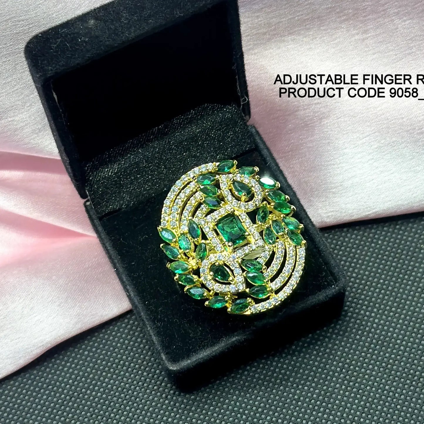 9058 Gold polish green stone Adjustable Finger ring