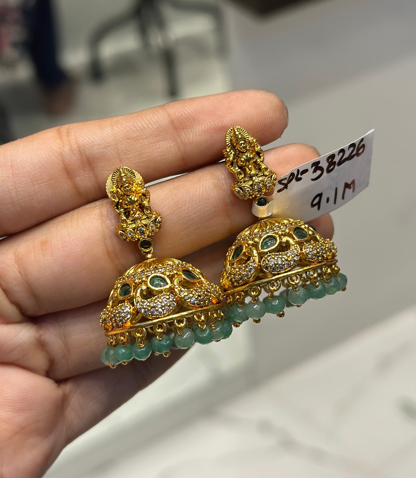 38226 Nakshi Lakshmi Jhumki with light green onex beads