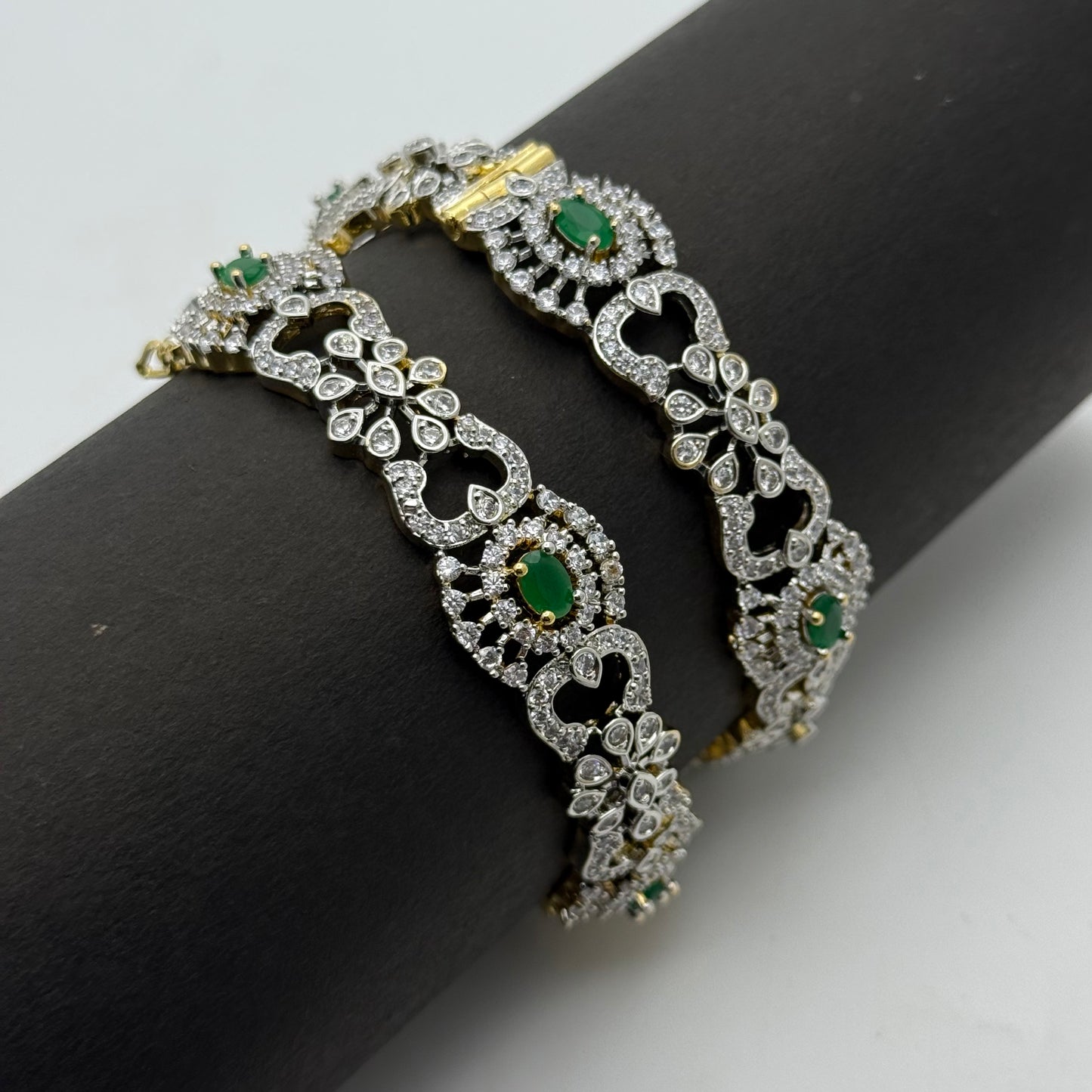 41936 Diamond replica openable bangles with premium quality and finishing in Emerald stones