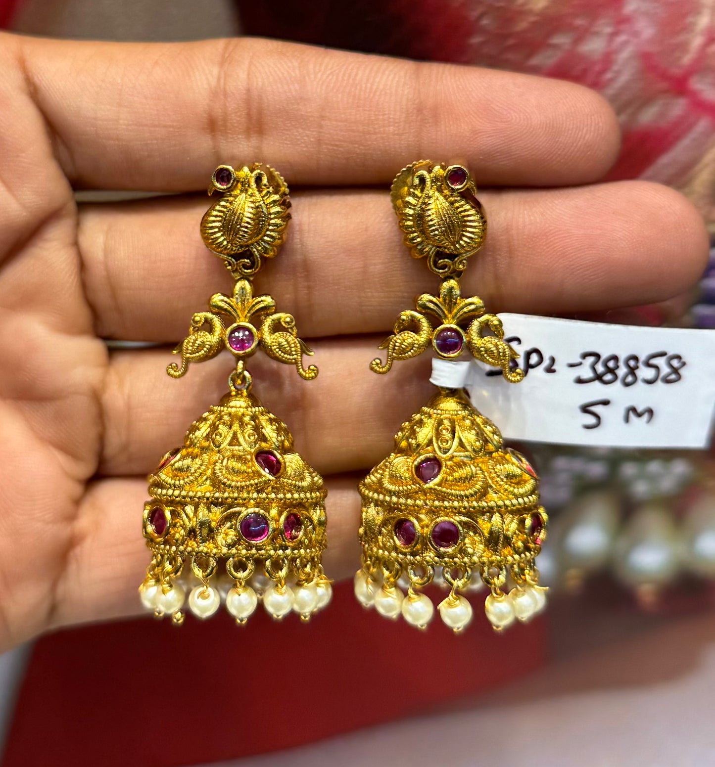 38858 real gold look Nakshi Res stone jhumka