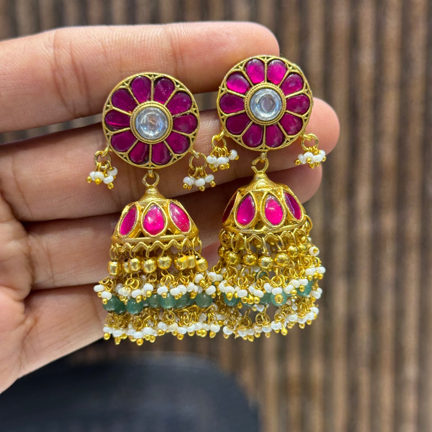 42316 Jadau Kundan medium size handmade Jhumkas with screwback earrings