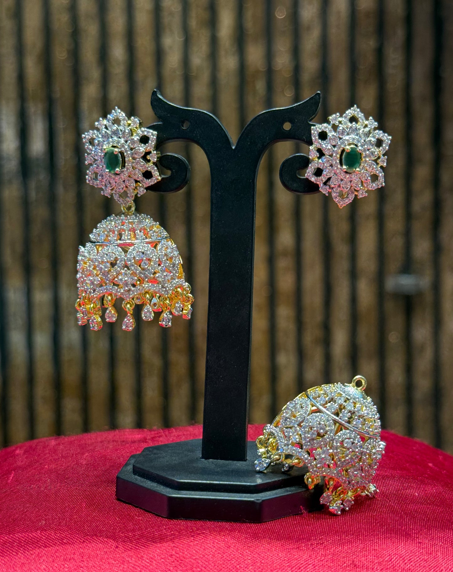39771 Real Diamond Look 2 In 1 detachable jhumka with emerald stones