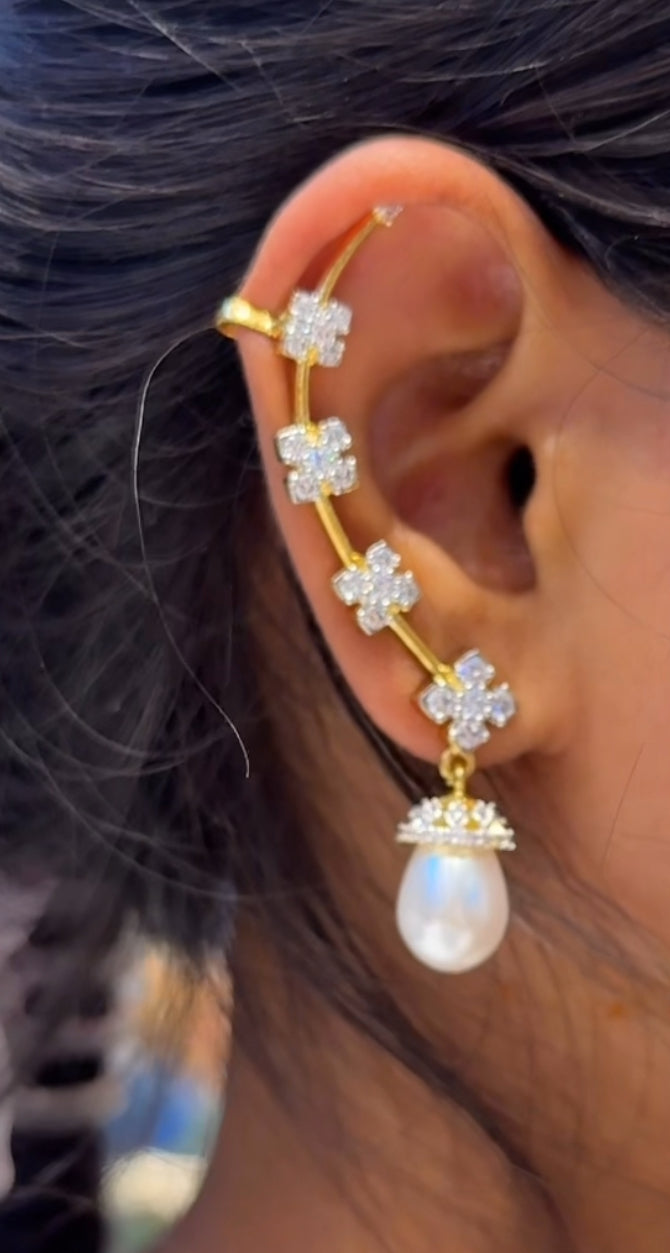 39994 Diamond look premium ear cuffs with pearl hanging