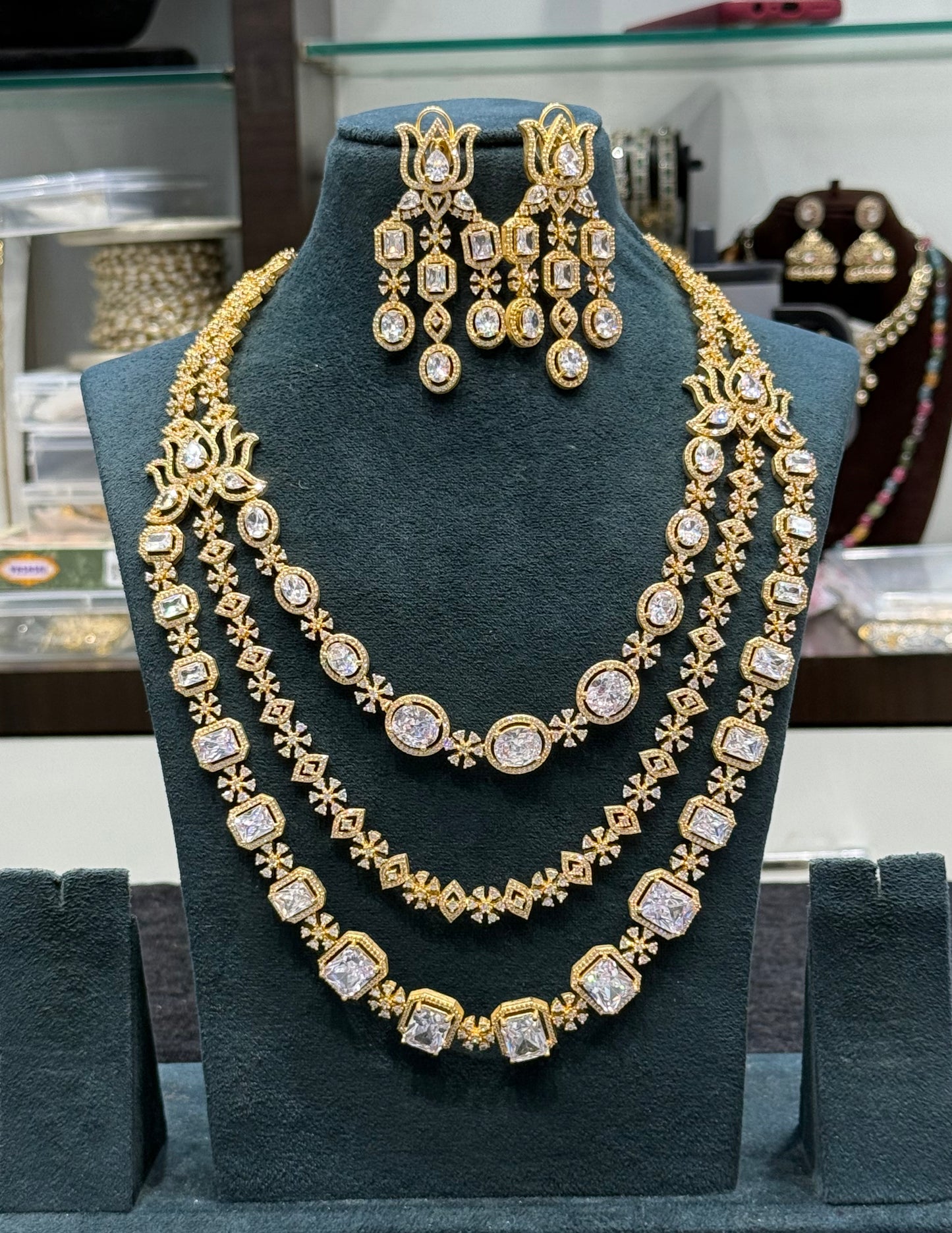 9127 Lotus bridal 3 layers necklace with heavy hanging