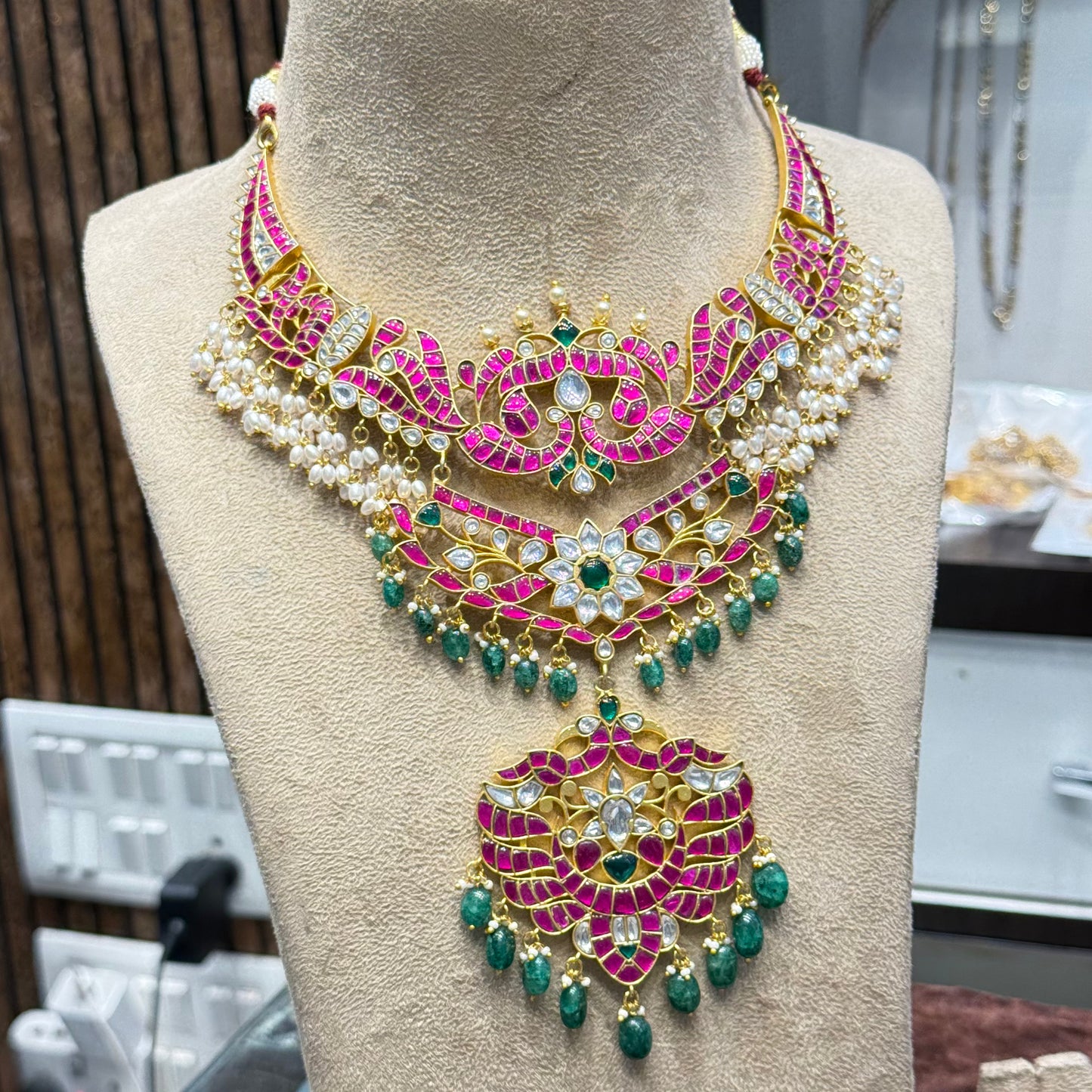 41903 Bridal 2 layered Jadau Kundan hand made necklace with rice pearls and Russian strawberry beads