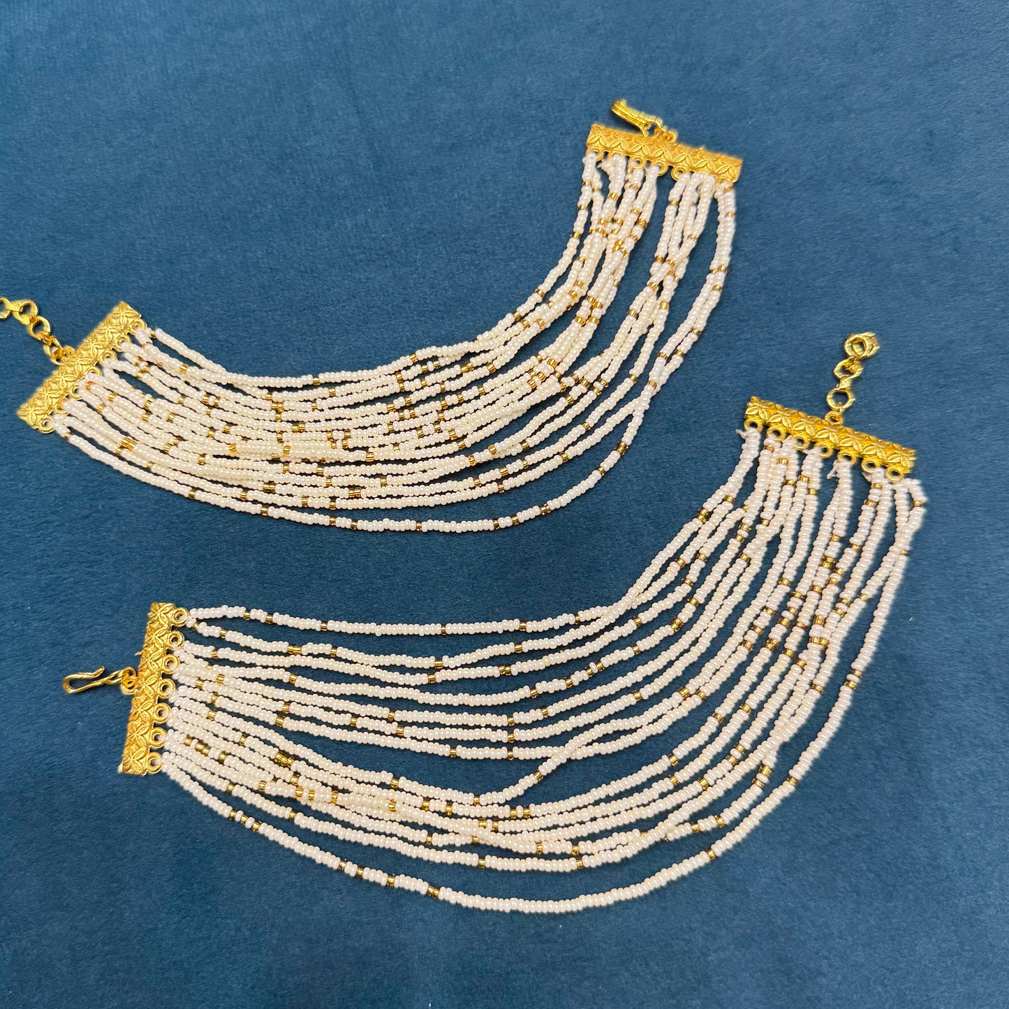 41768 Pearl hand made champaswaralu / ear chain / kaan chain with golden pearls
