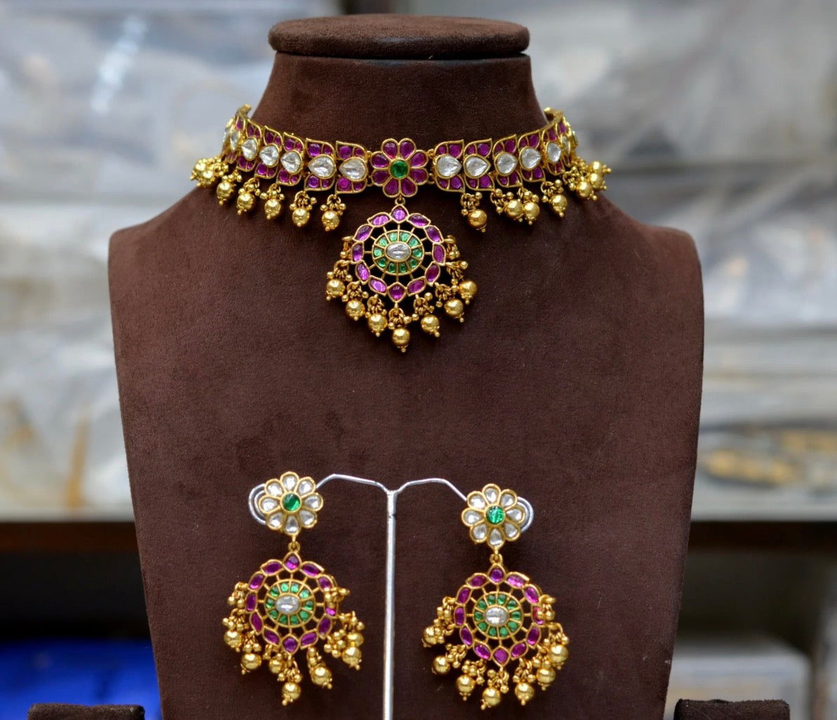 41974 Pota stone Multi color chokers with Golden balls making