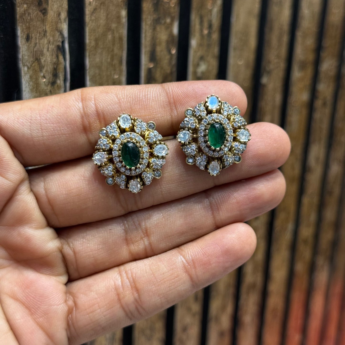 Victorian Moissanite studs with duplet green stone and pushback