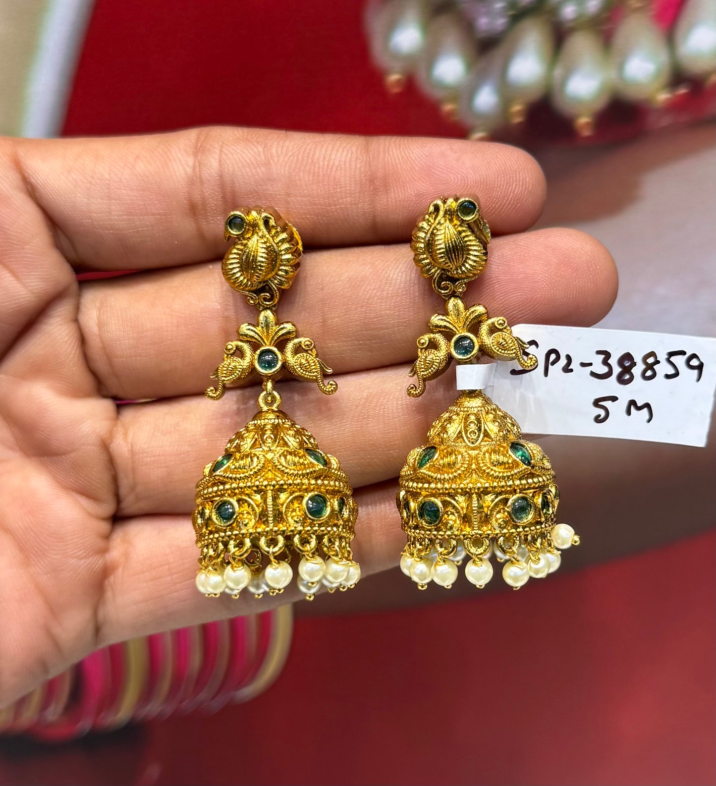 38859 Nakshi real look green stone Jhumka