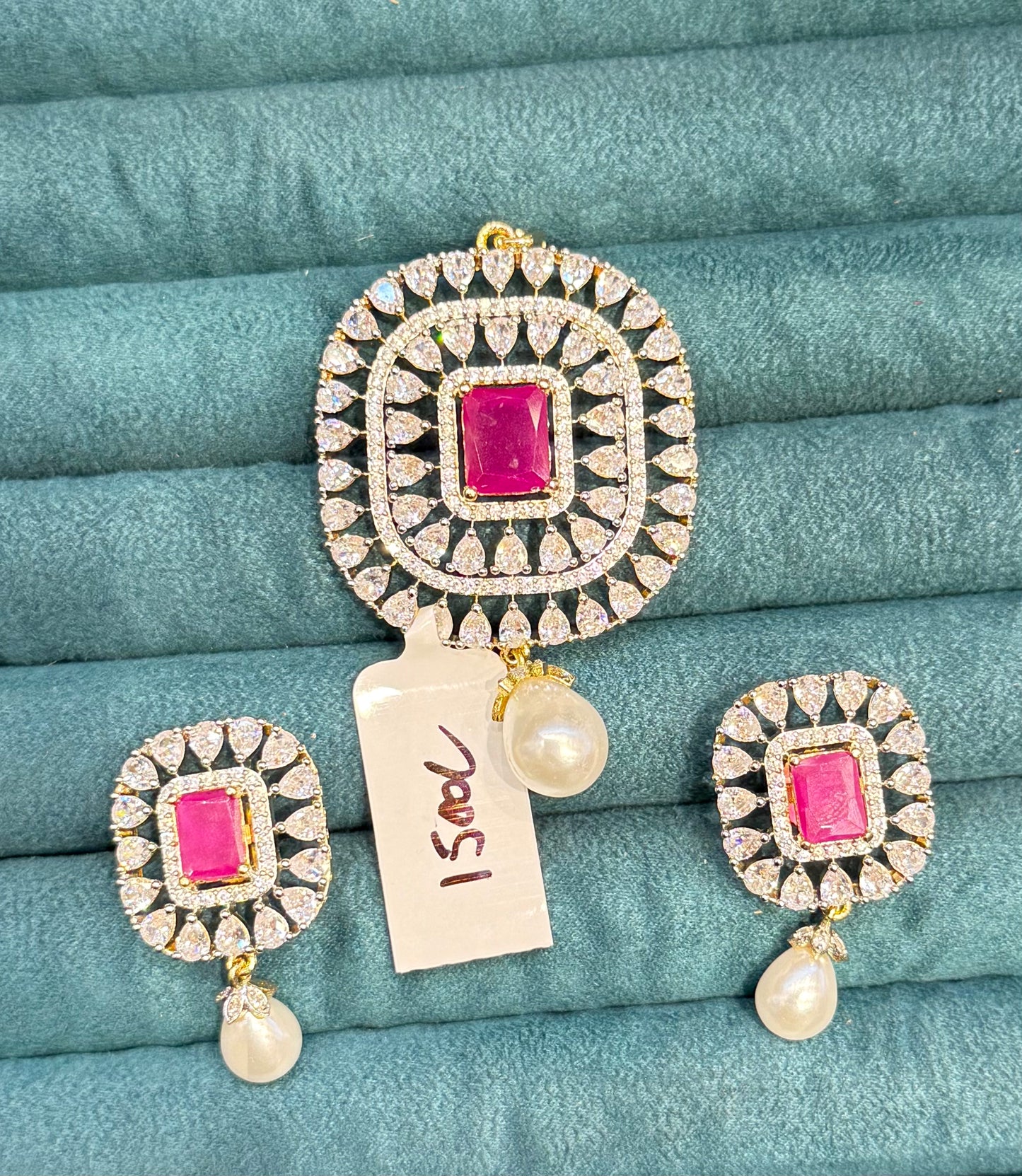 38678 real diamond look square shape pendant set with ruby