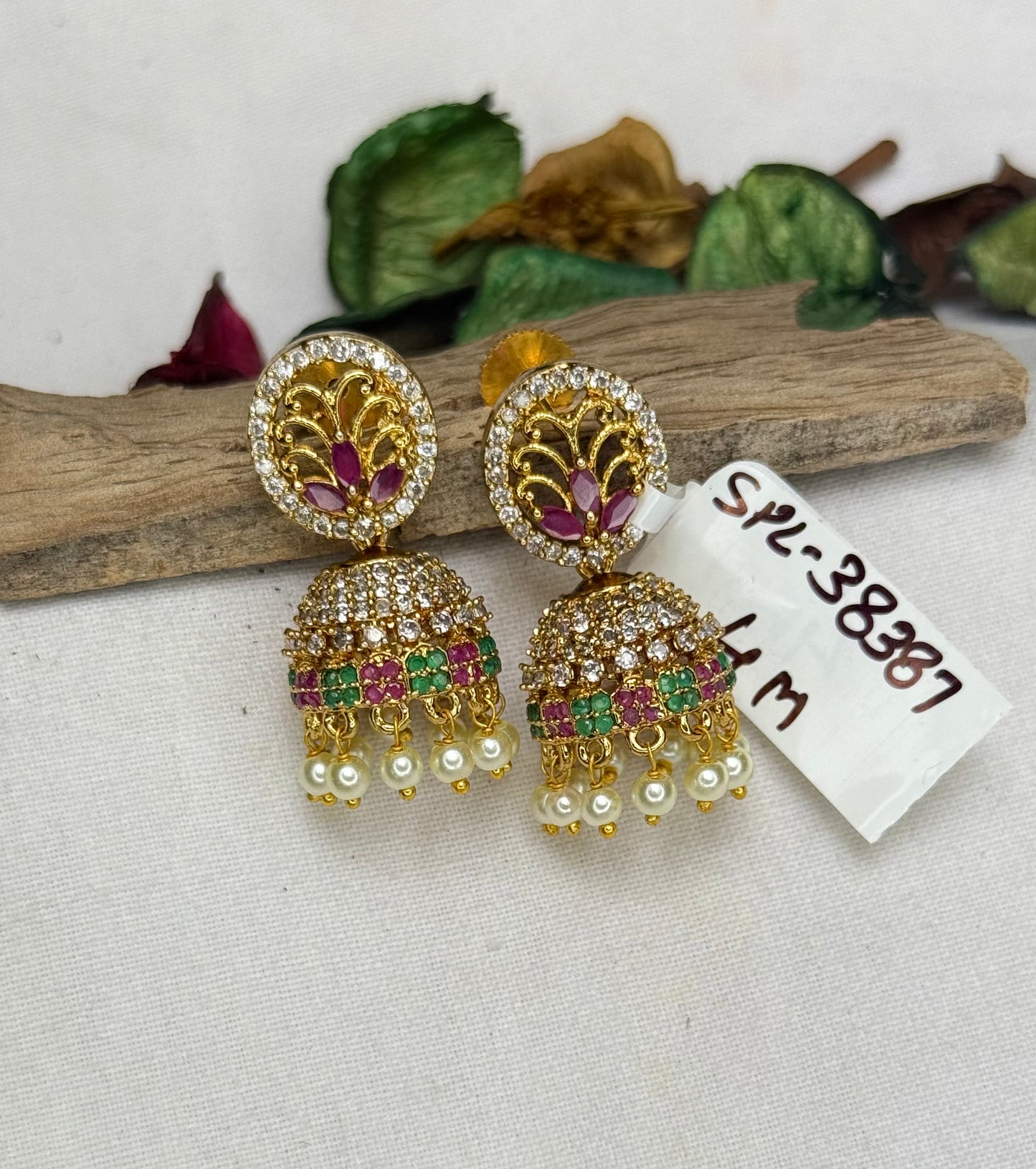 38387 Gold Polish Cz/ AD stone jhumka with pearl making
