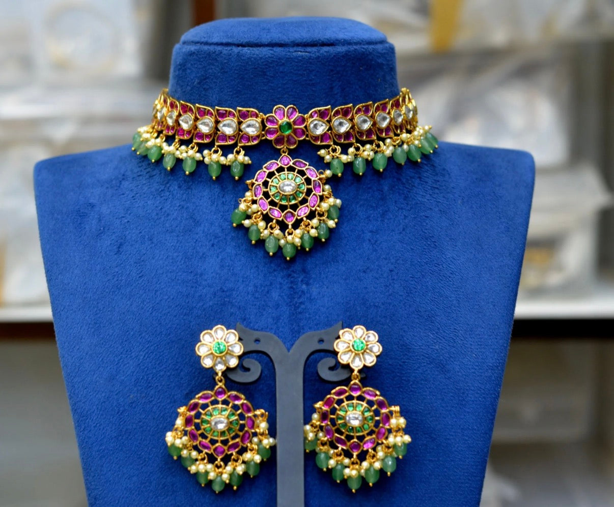 41975 Pota stone Multi color kundan choker with monalisa beads