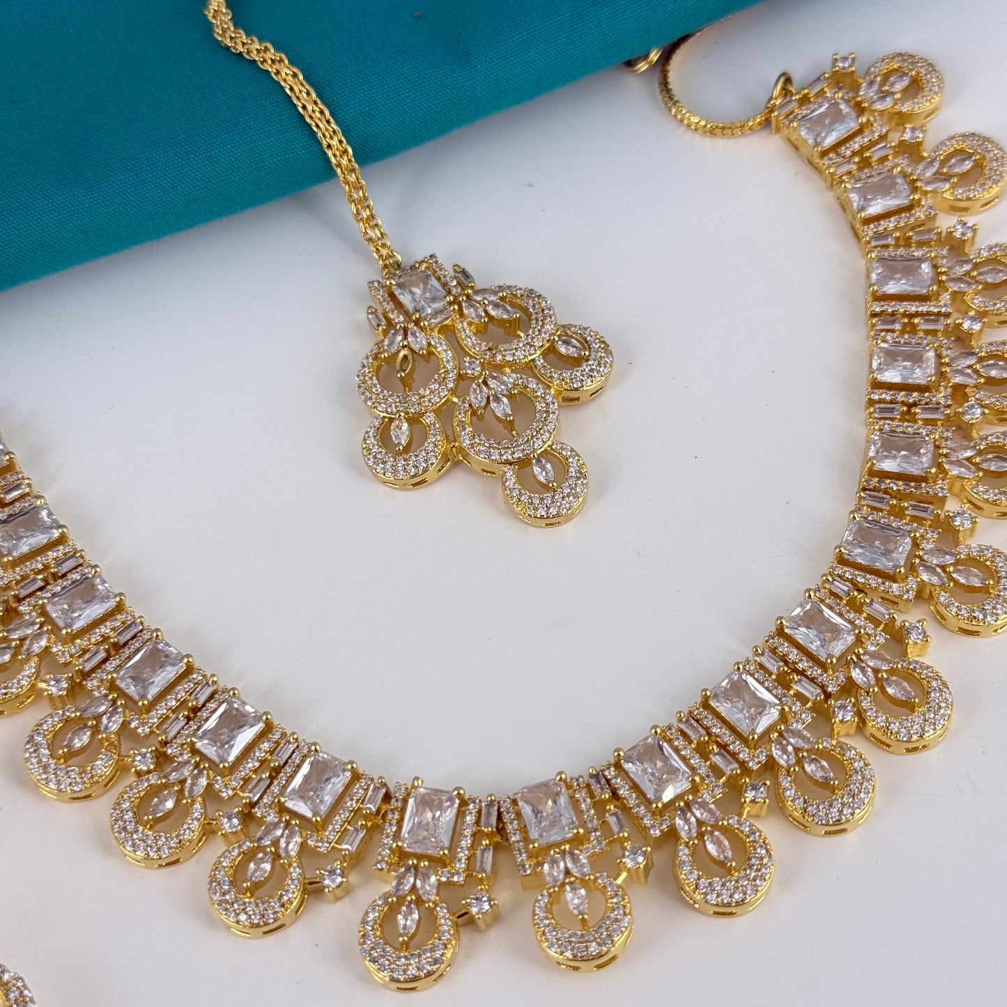 13067 Premium gold polish necklaces with AD stones and hanging