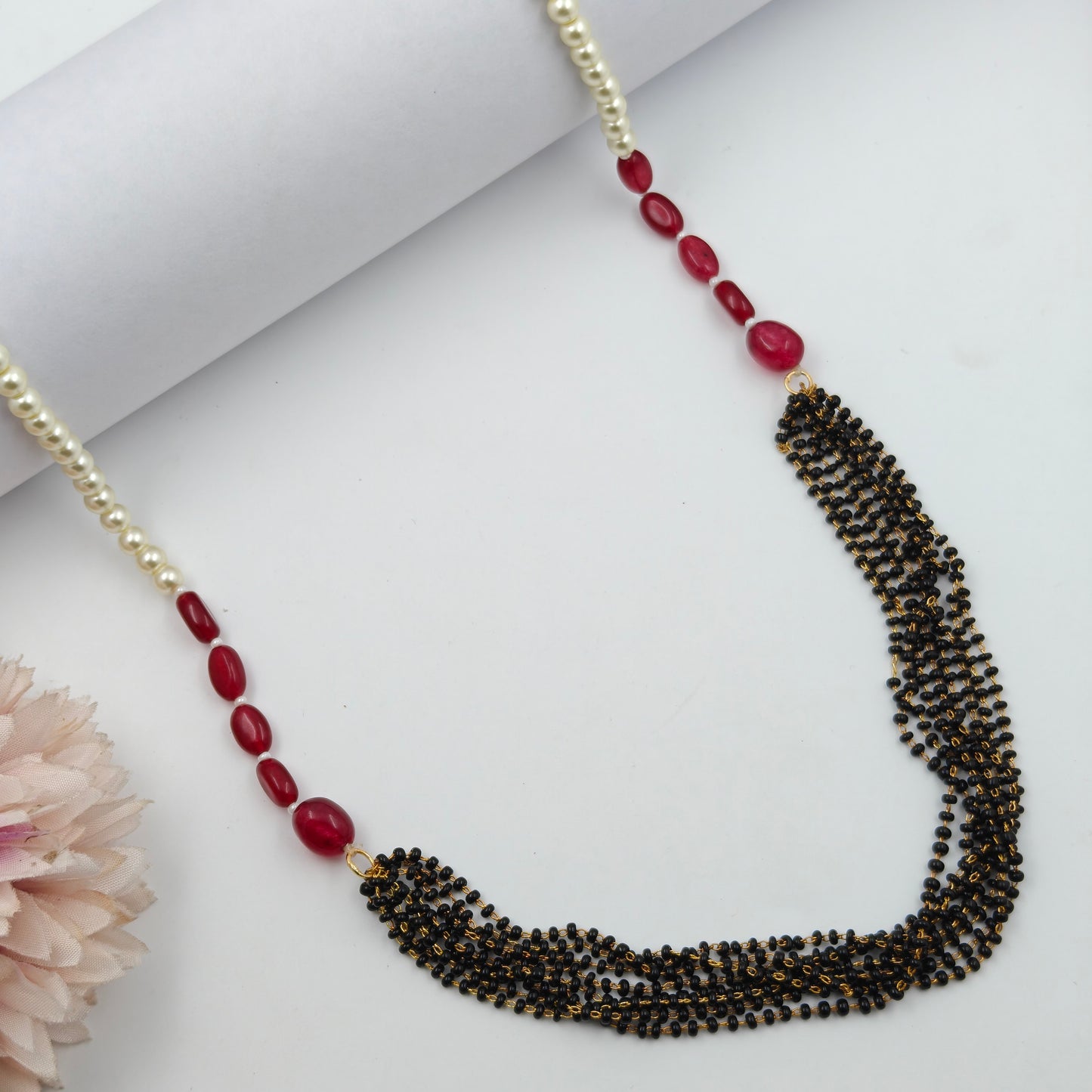 20265 Black Beads Bunch With Pearls And Red Beads Mala