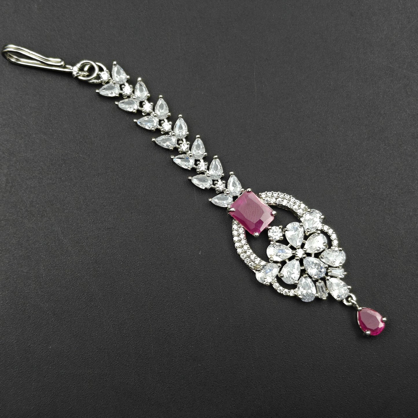 16518 Platinum Necklace Dark Pink with Finger Ring and Tikka