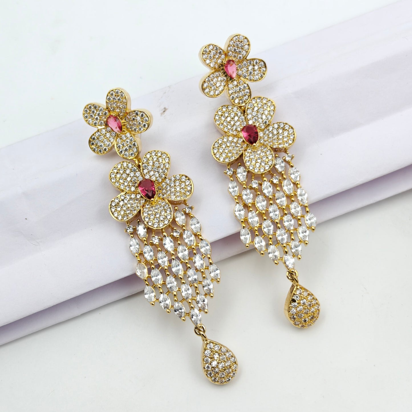 16146 Platinum CZ Flower Short Red