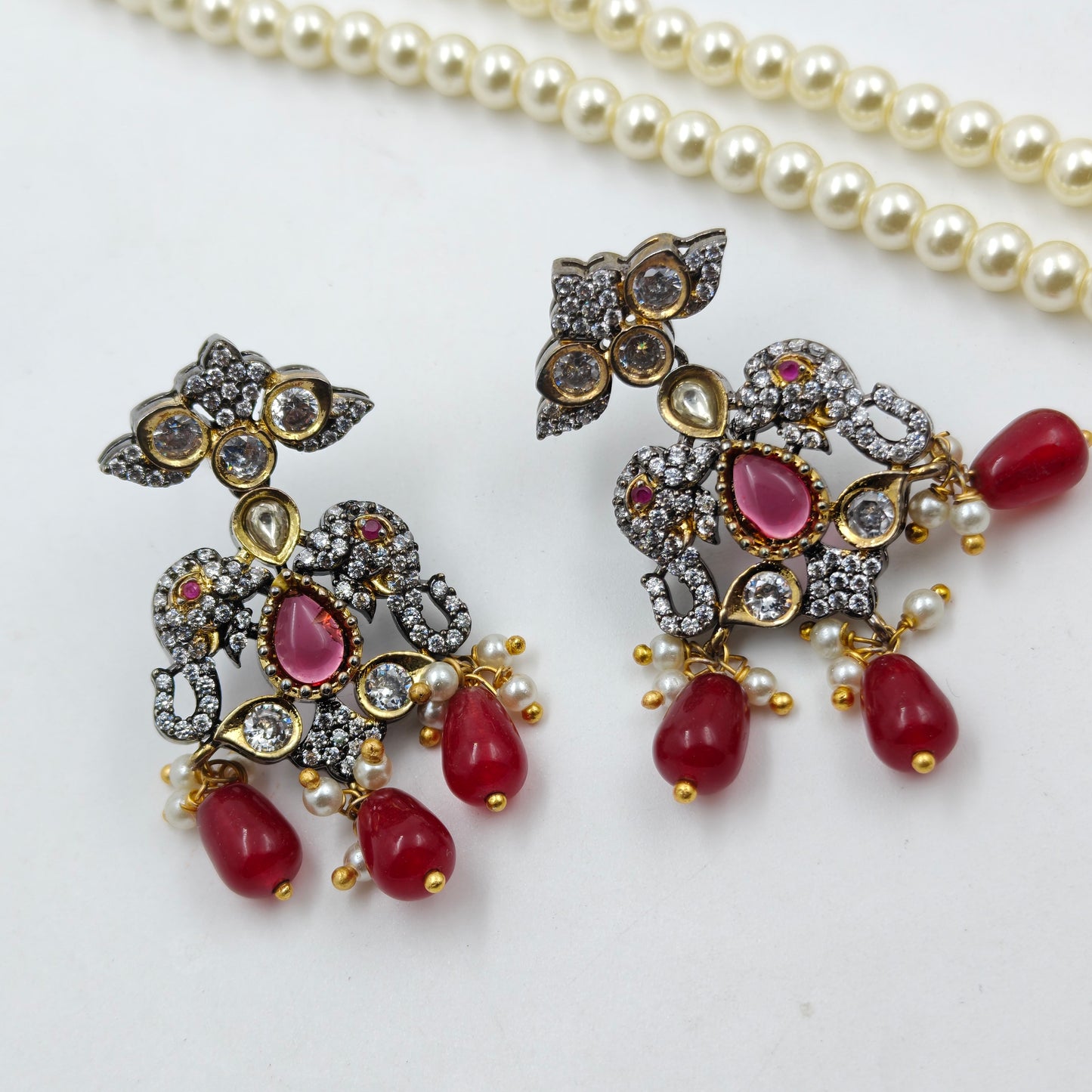 21306 2 Lines Pearls Mala With Victorian Pendent Set Red