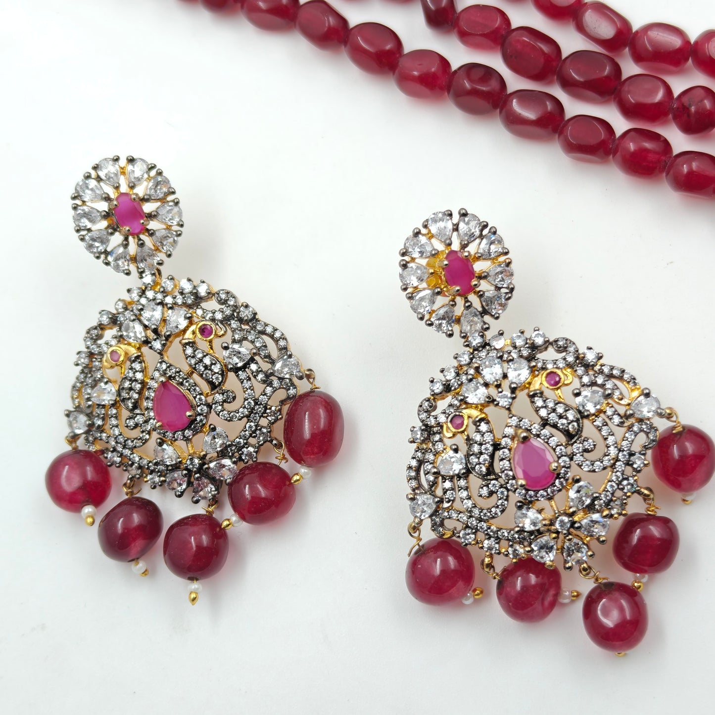 17692 Red Beads Mala With Victorian Pendent Red