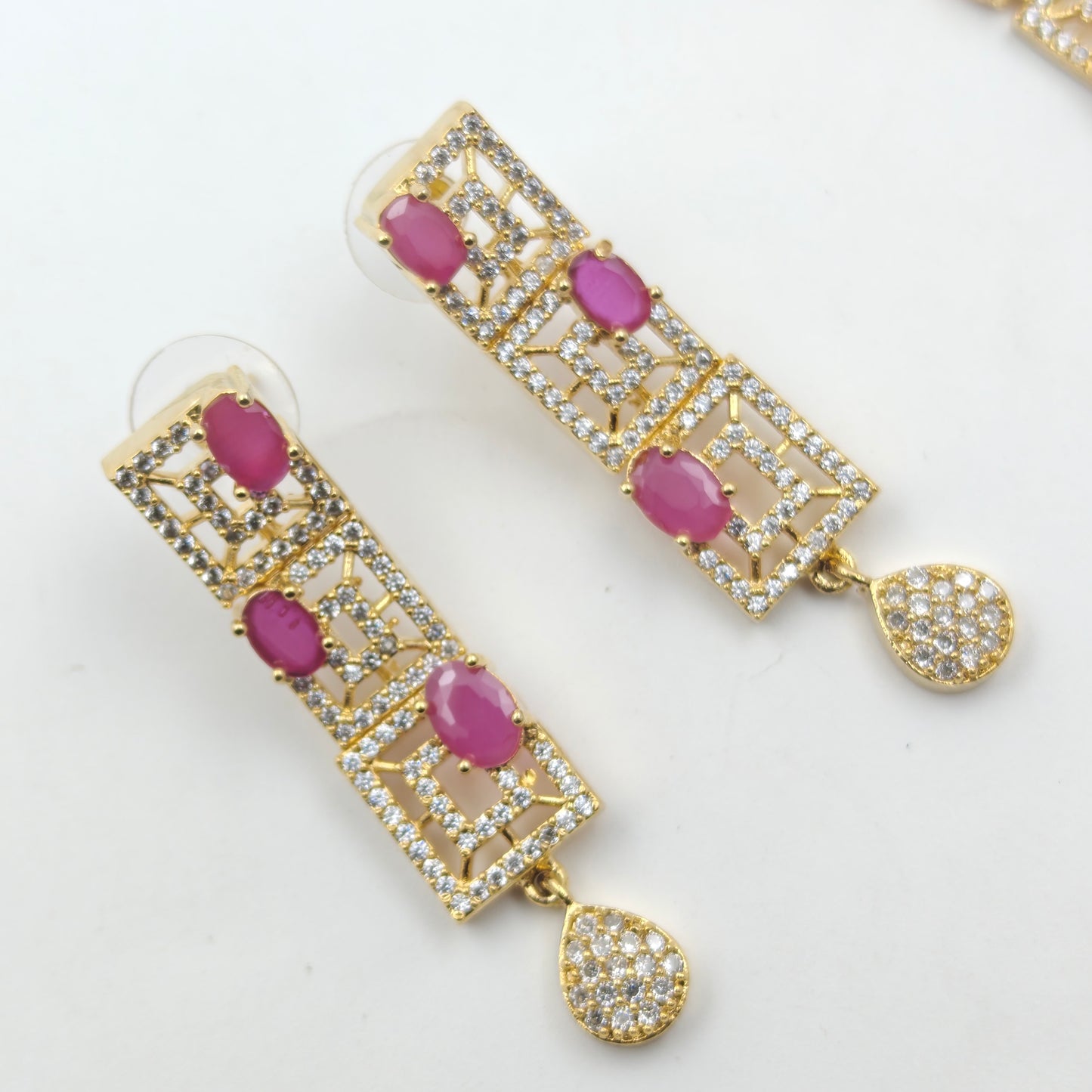 16280 GP Gold Stone Square Necklace Set Pink