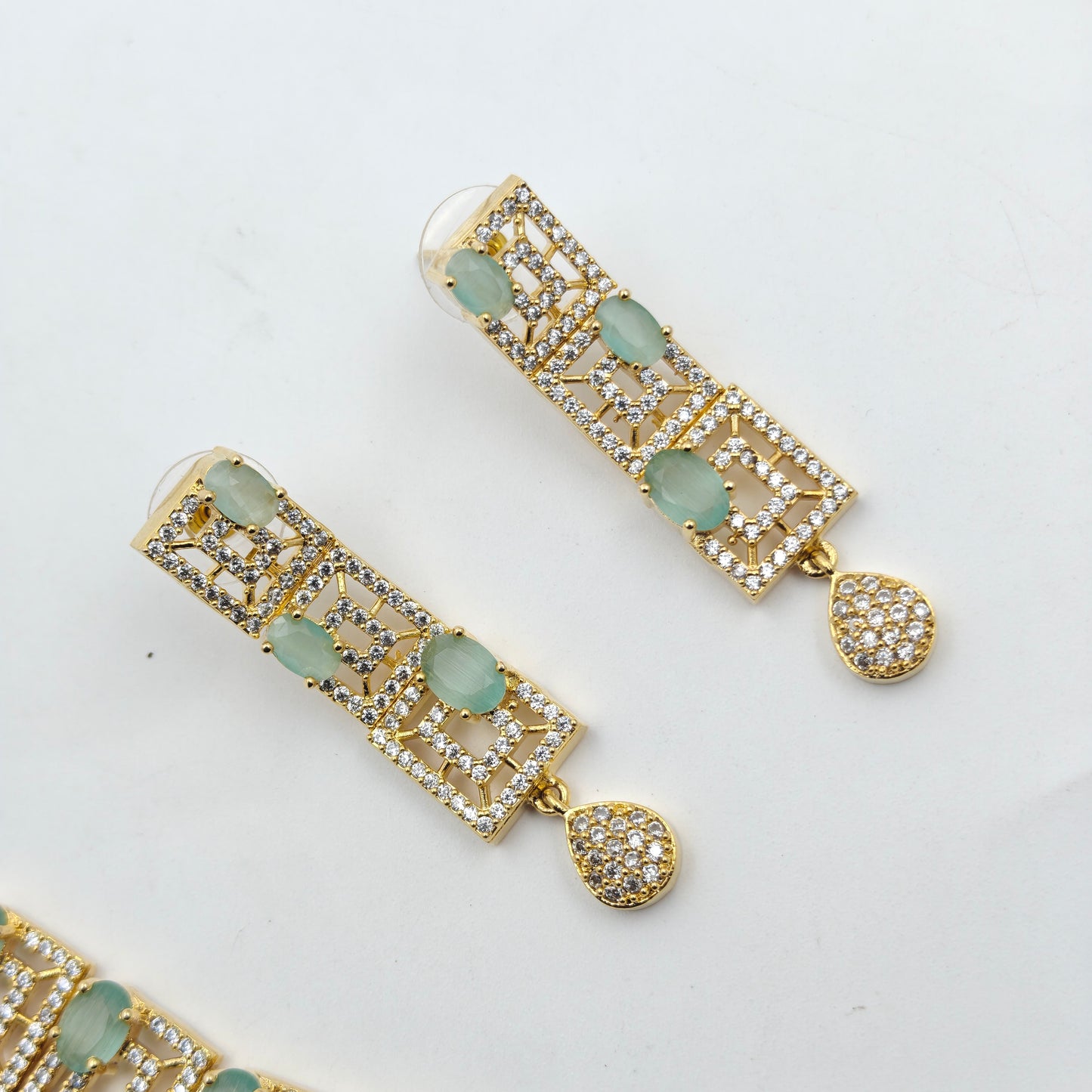 16276 GP Gold Stone Square Necklace Set Light Green