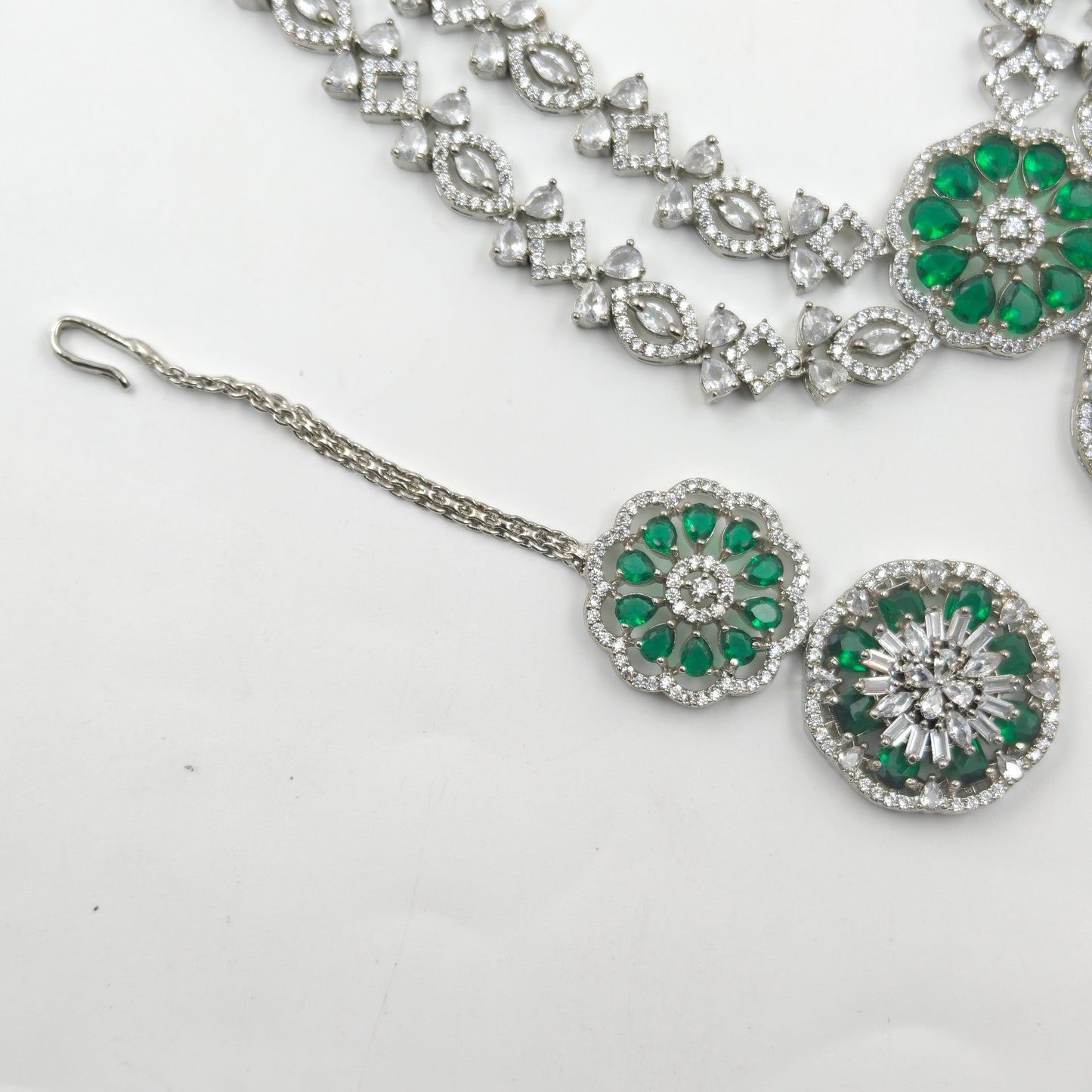 16177 Platinum 2 Lines Necklace Set Green