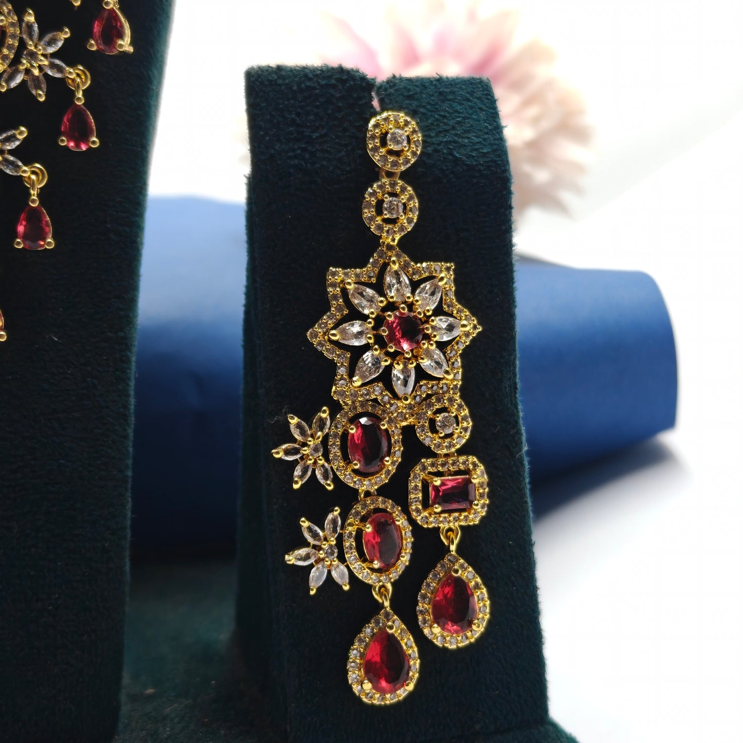 35971 2 Layers Ruby CZ Long Necklace Set