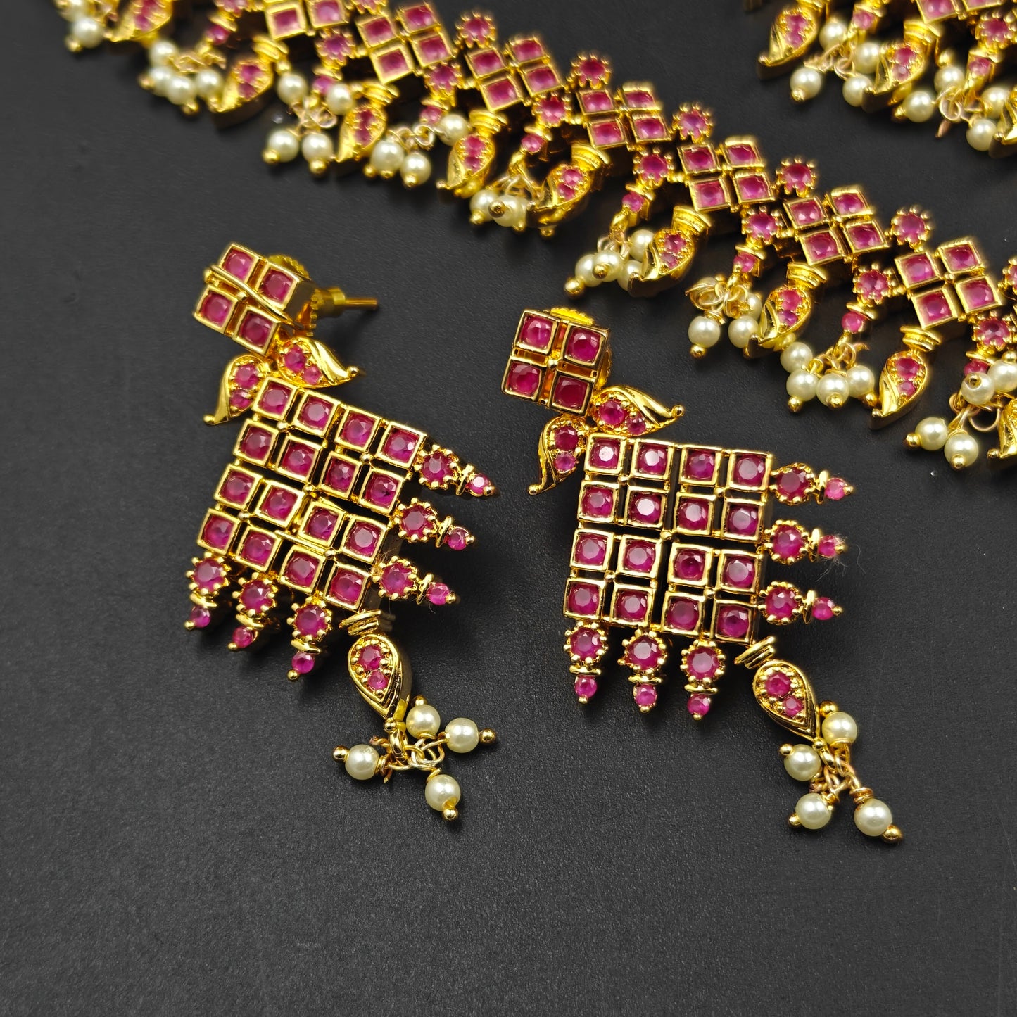 14521 CZ Long Full Red Diamond Shape Necklace Set