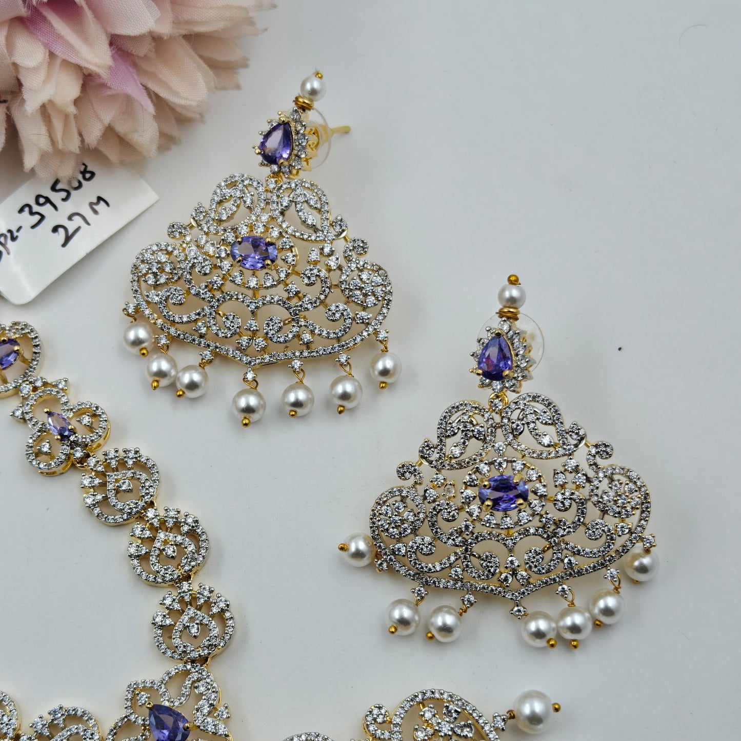 39508 Purple CZ Stone GJ Short Necklace Set with Earrings