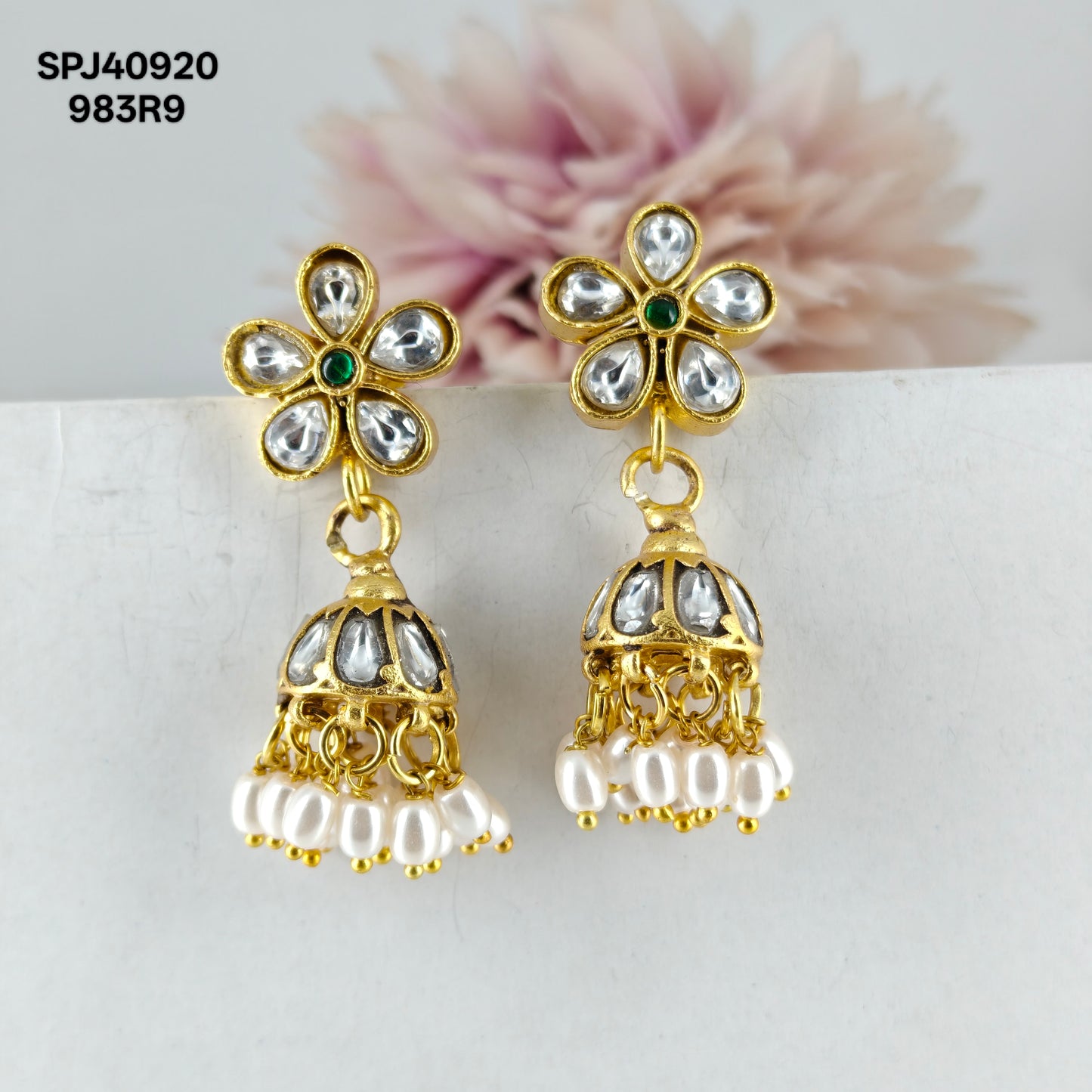 40920 Jadau Flower Small White Jhumki