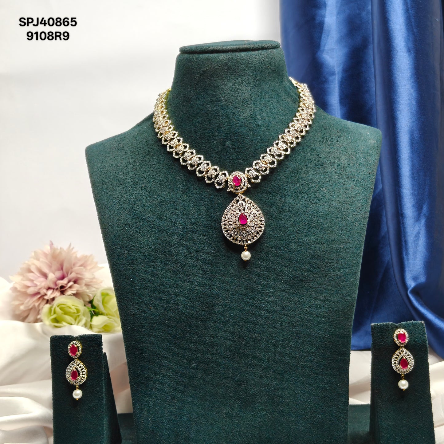 40865 Red CZ Stone GJ Short Necklace Set with Earrings