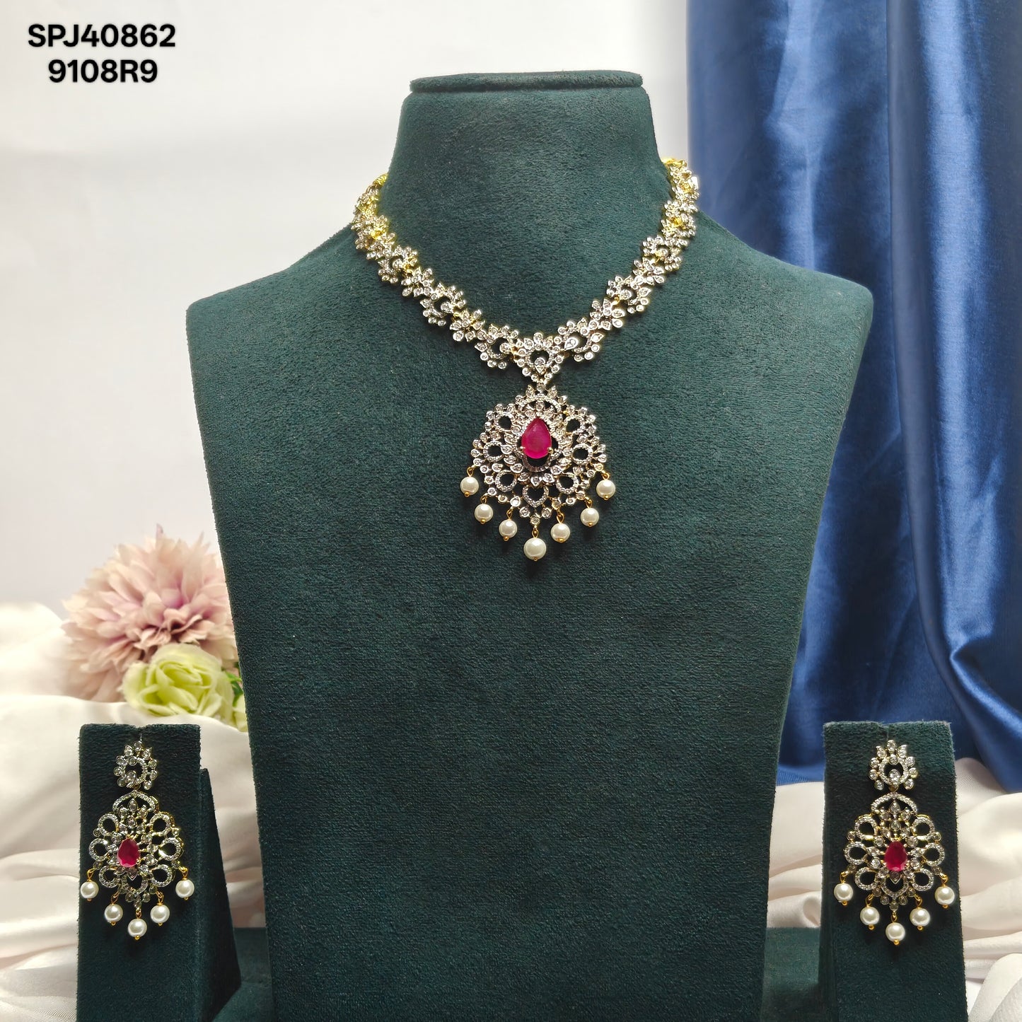 40862 Red CZ Stone GJ Short Necklace Set with Earrings