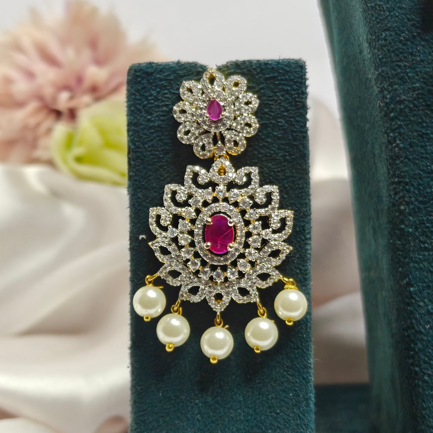21494 Royal Red CZ Stone GJ Long Necklace Set with Earrings