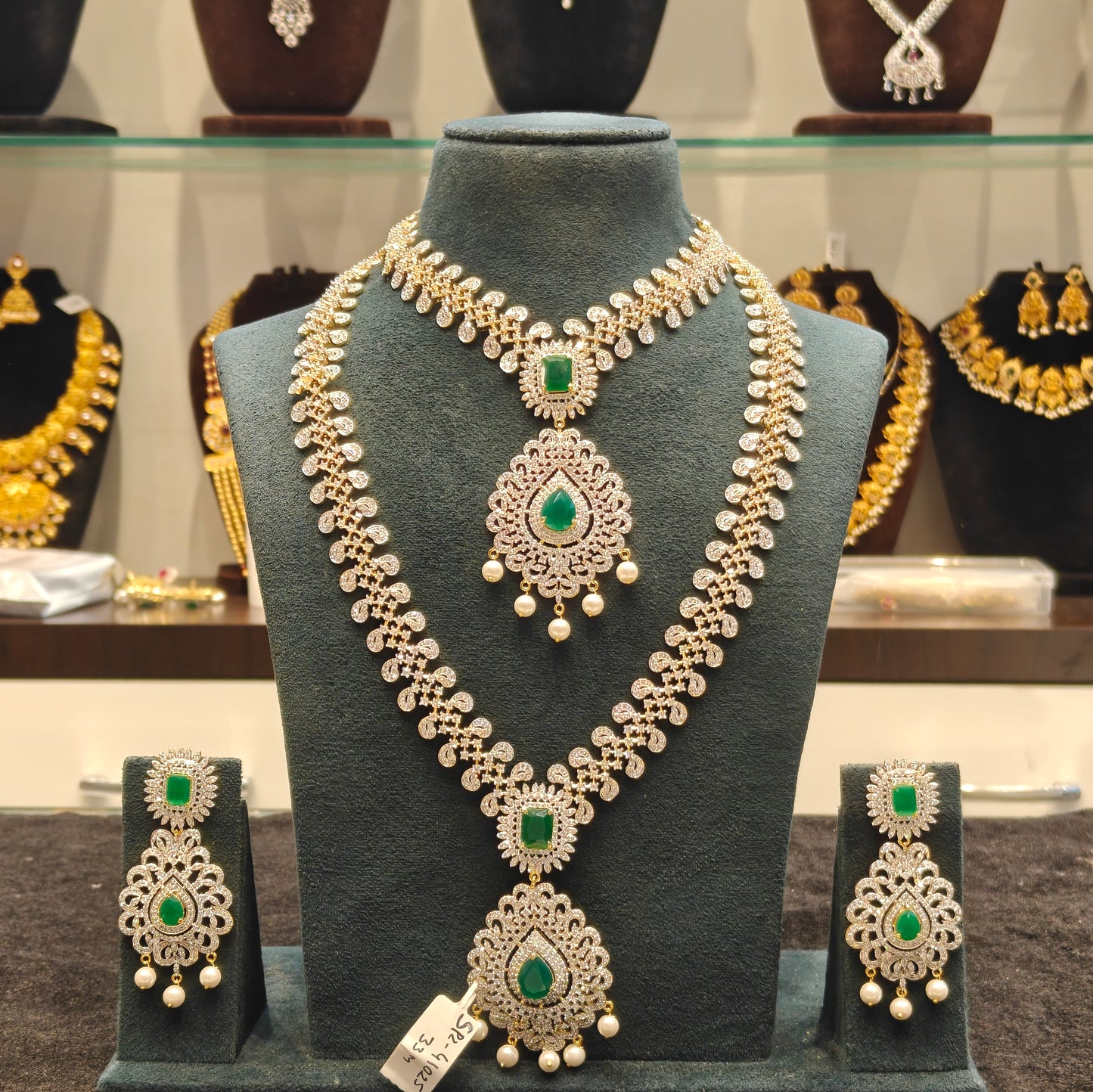 41025 / 41027 Green CZ Stone Bridal Necklace Combo Set with Earrings GJ