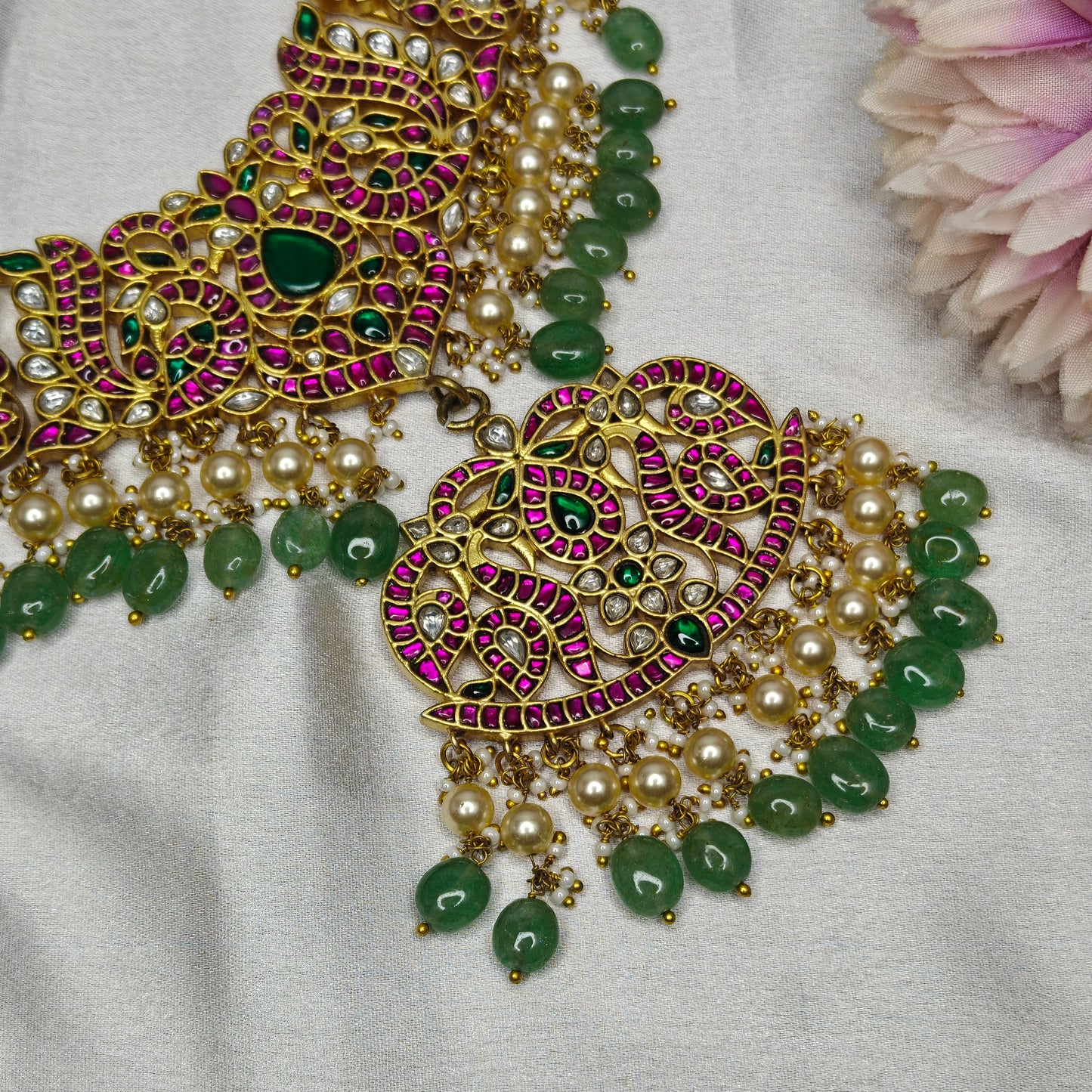40340 Jadau Peacock Big Locket Necklace Set