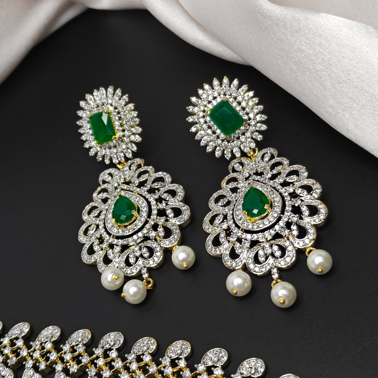 41025 Green CZ Stone GJ Long Necklace Set with Earrings