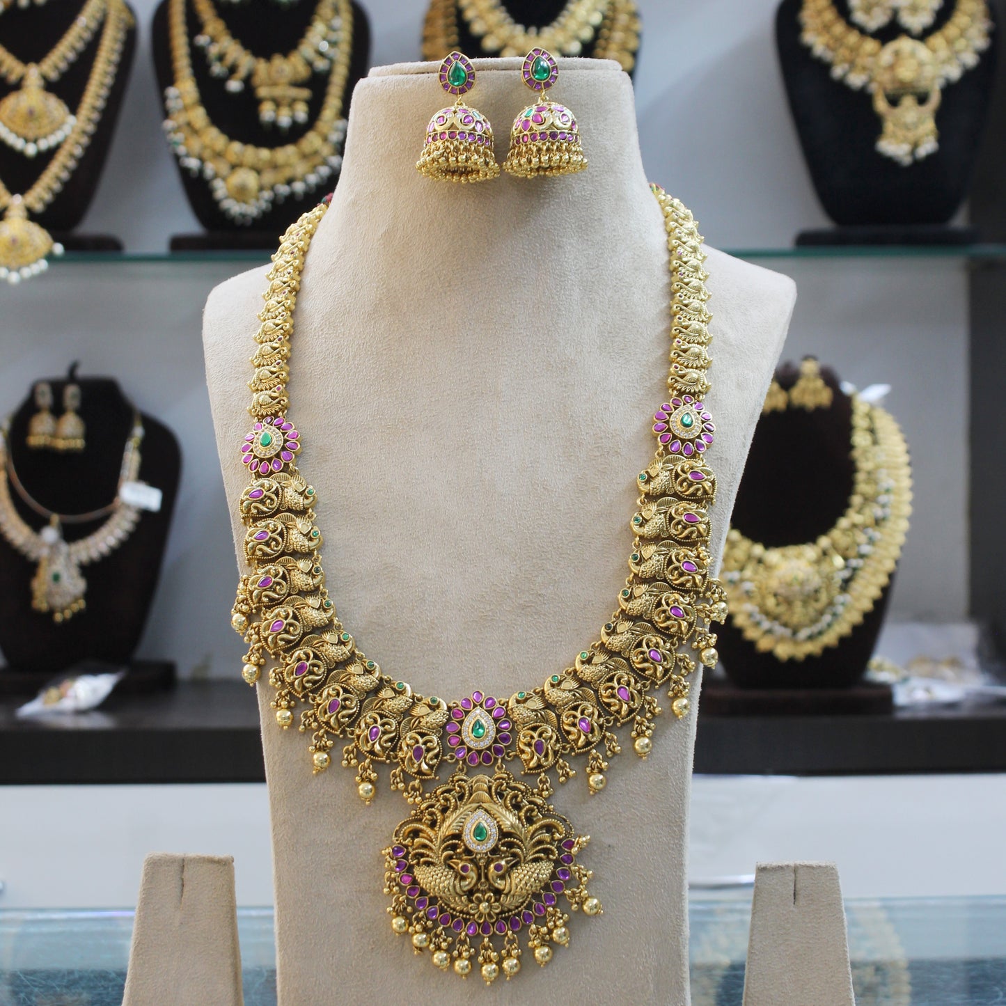 41547 Kundan Gold Finish Mango & Peacock Design Temple Necklace Set with Jhumki Long