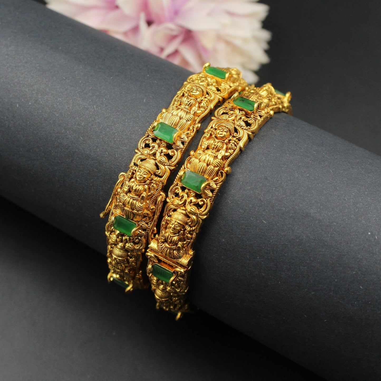 Nakshi Openable Emerald Stone Bangles With 24 Carat Gold Look a Like Finishing