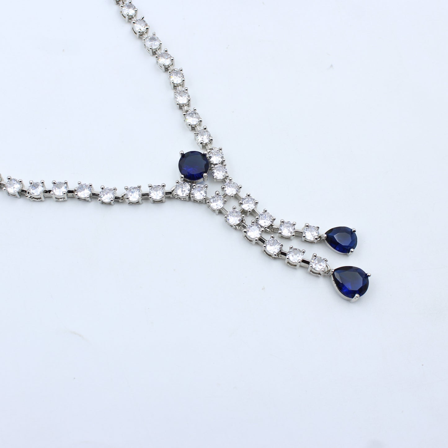 41404 Blue Colour Stone Silver AD Short Necklace Set
