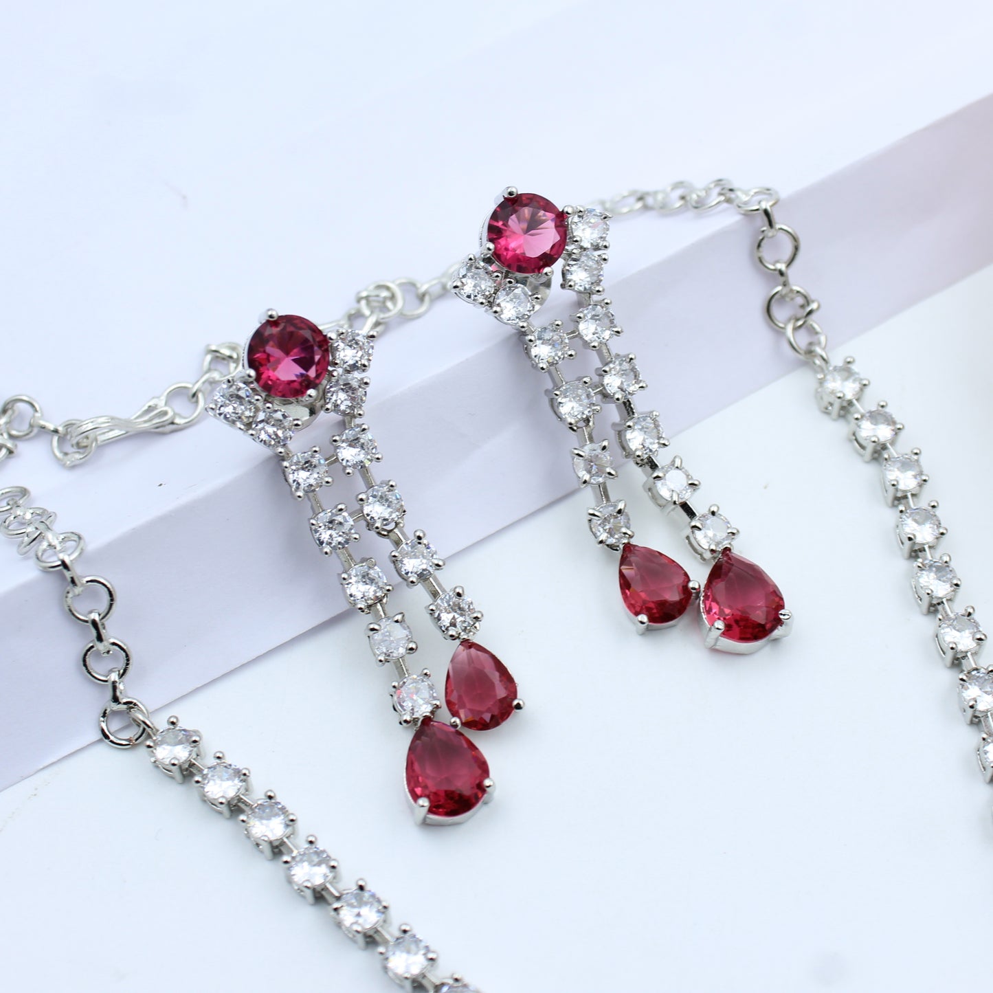 41402 Wine Colour Stone Silver AD Short Necklace Set