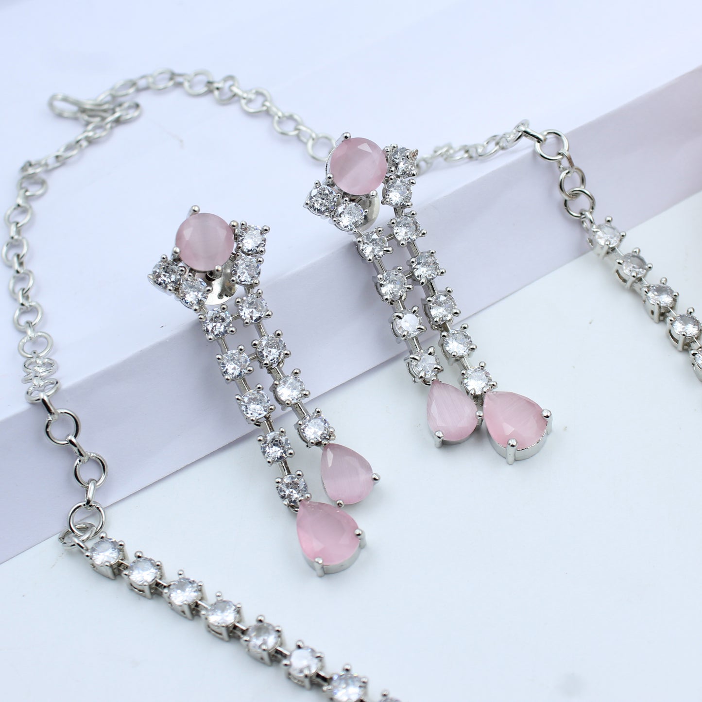 41400 Light Pink Silver AD Short Necklace Set
