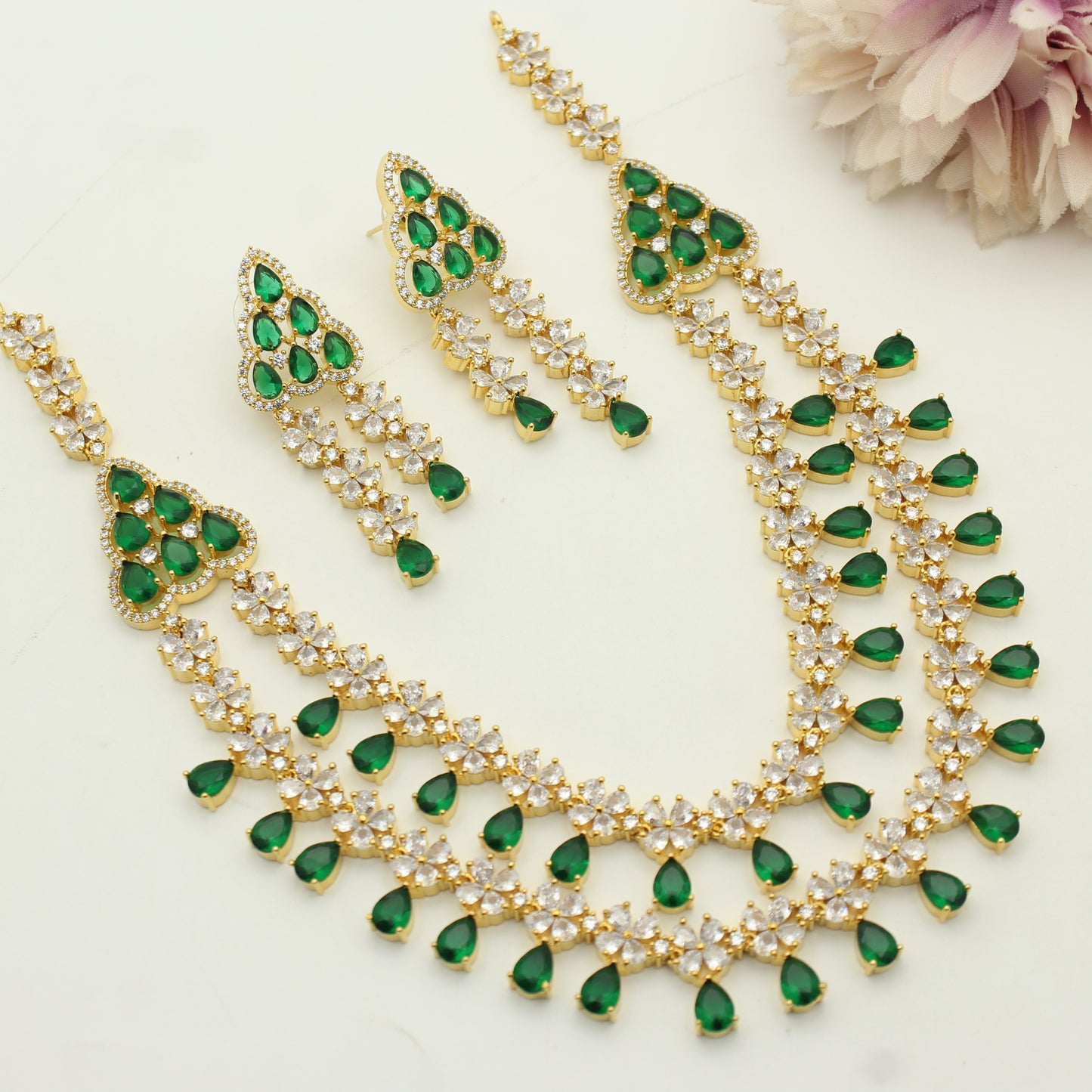 9187 GP 2 Lines 3/4th Necklace Set Green
